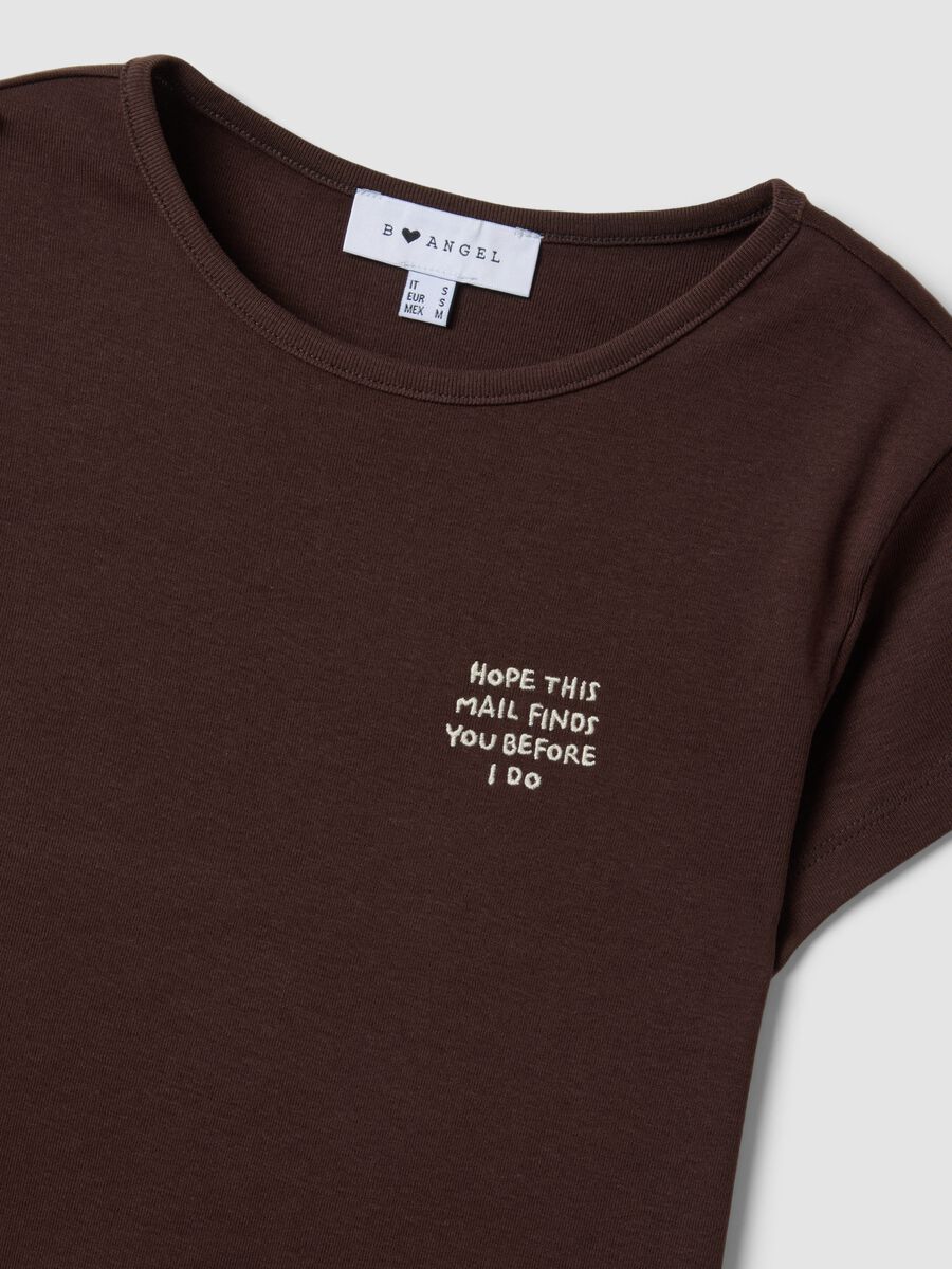 Brown pure cotton crew-neck T-shirt with slogan_1