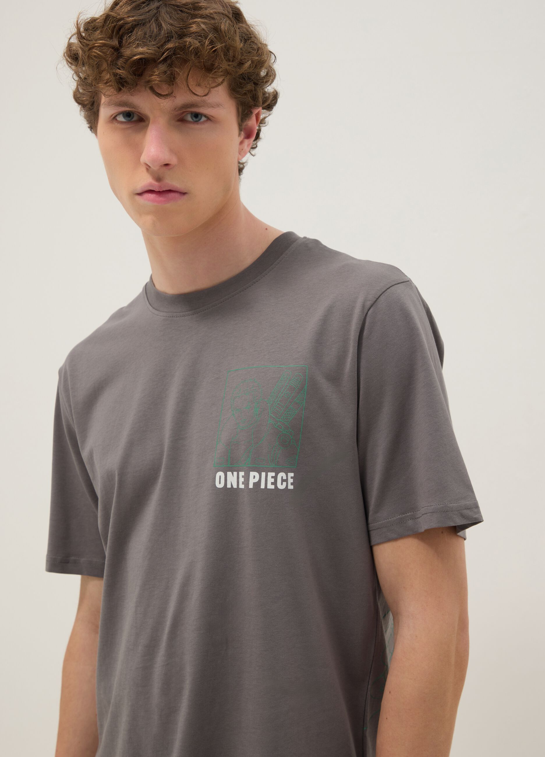 Graues T-Shirt mit One Piece-Print aus reiner Baumwolle, Relaxed Fit