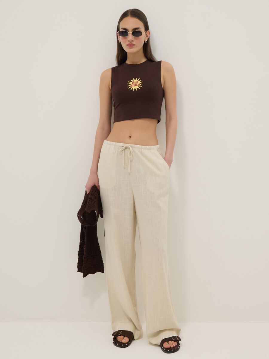 Brown stretch cotton regular-fit tank top with print_2