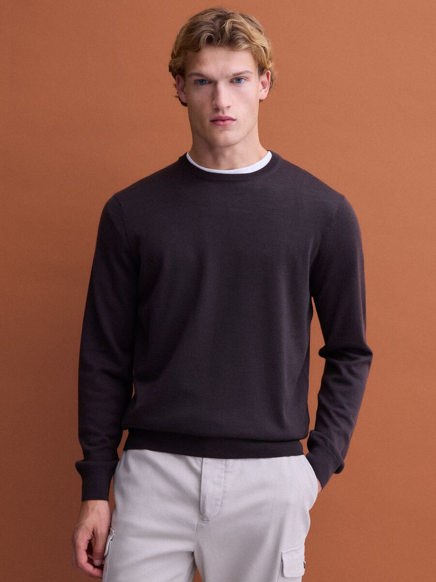 Brown pure merino wool crew-neck jumper, regular fit_0