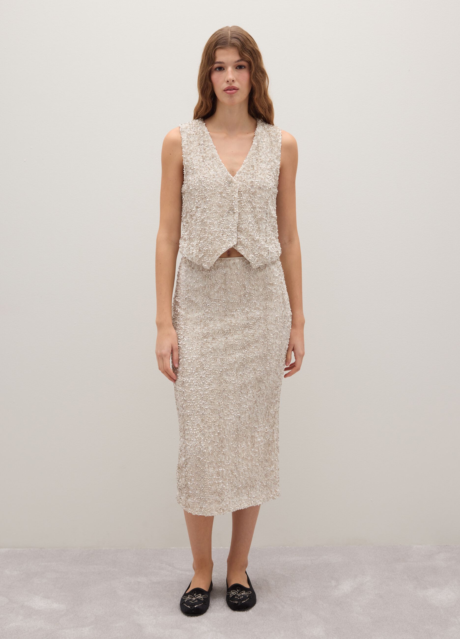 Beige Midirock, regul&auml;re Passform mit Pailletten