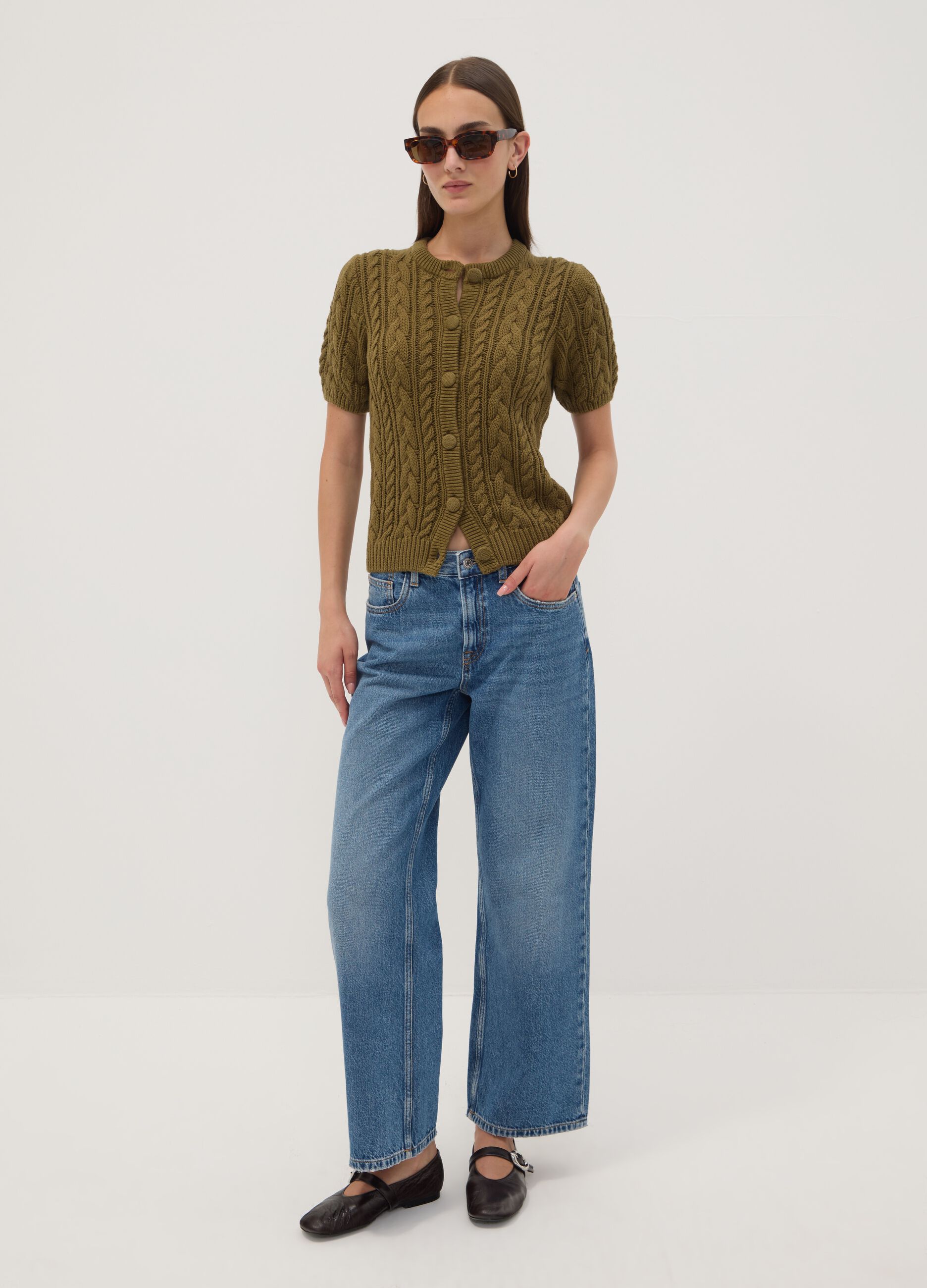 Cardigan verde in puro cotone a trecce regular fit