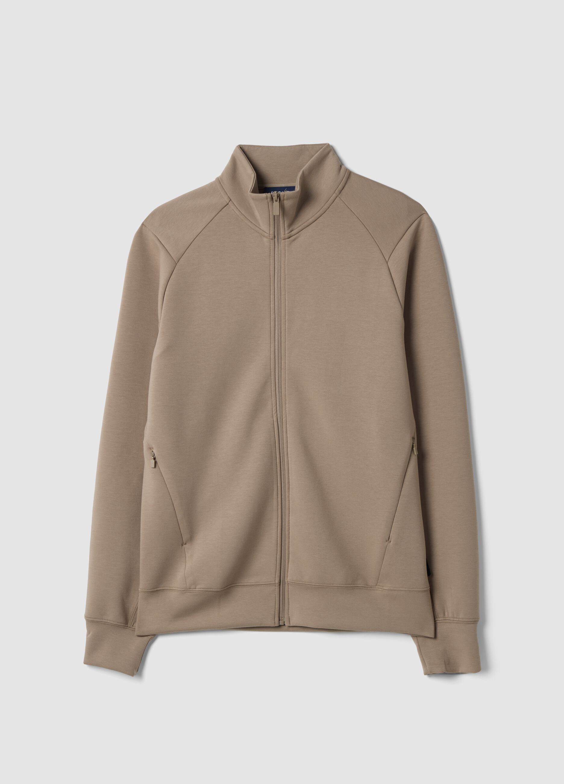 Beige full-zip with stretchy fabric collar, Easy Dry, regular fit