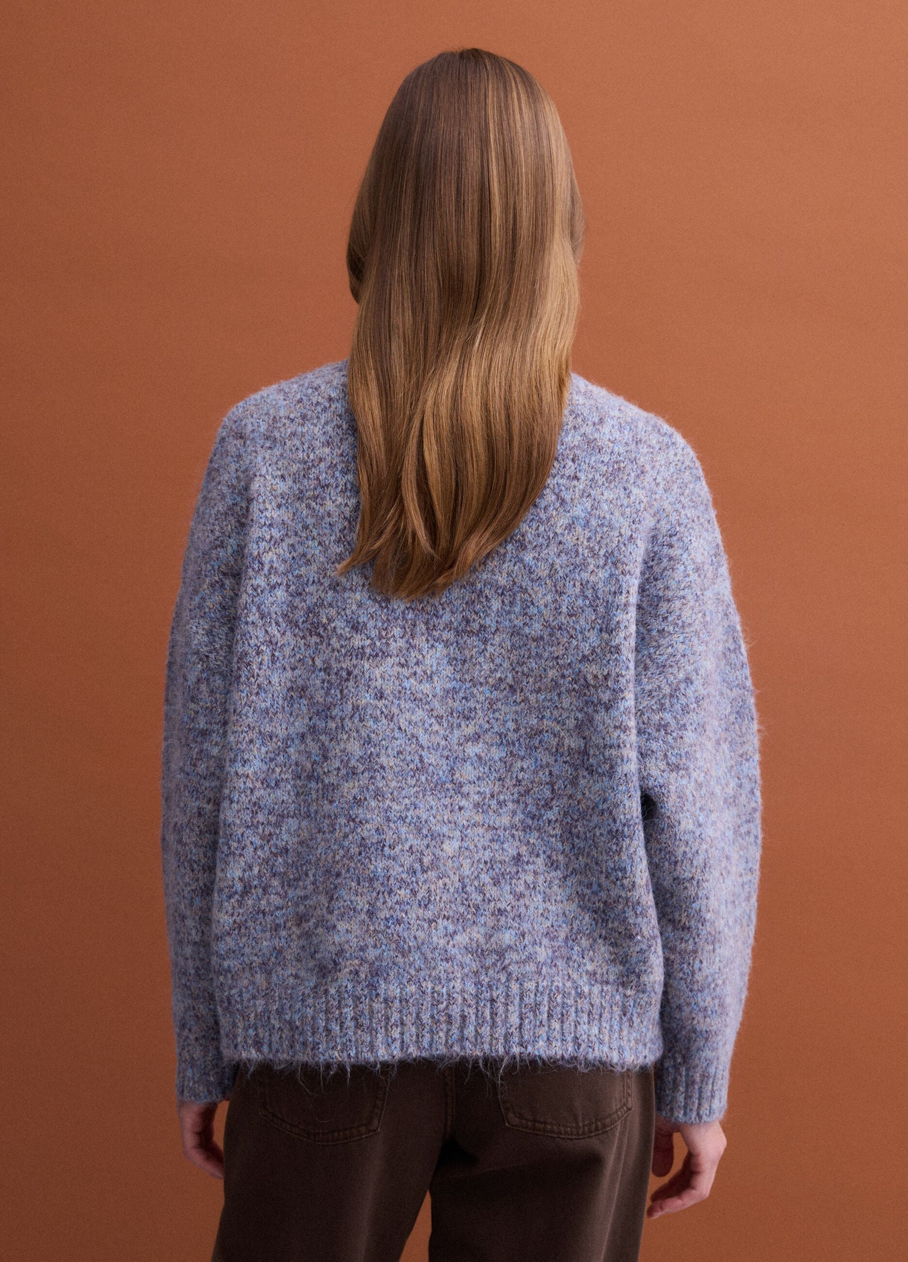 Blau melierter Rundhals-Pullover aus Stretchwolle