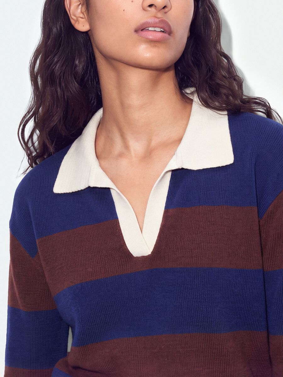 Blue striped viscose-blend polo-collar top, regular fit_3
