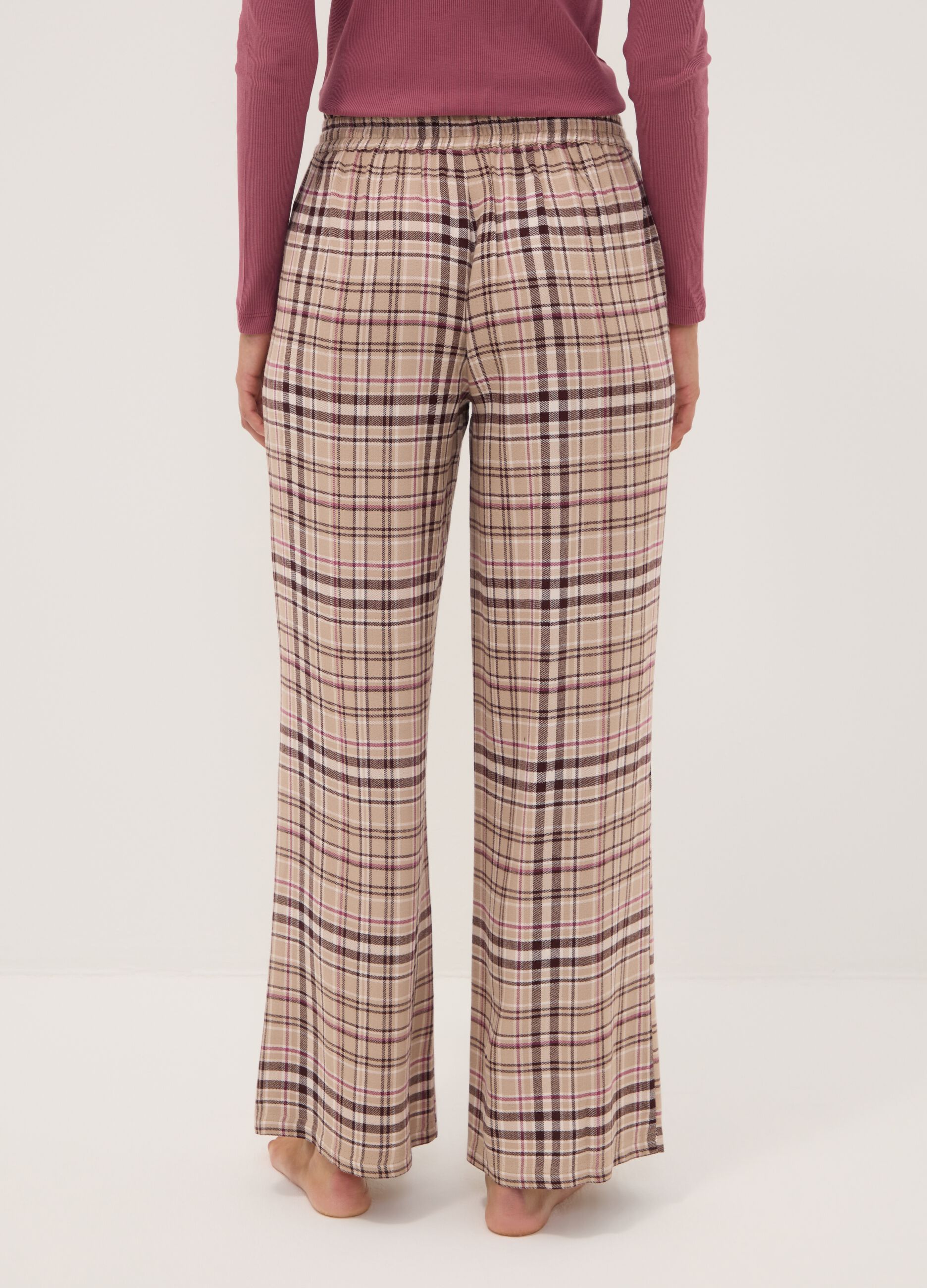 Beige pure viscose checked pyjama trousers