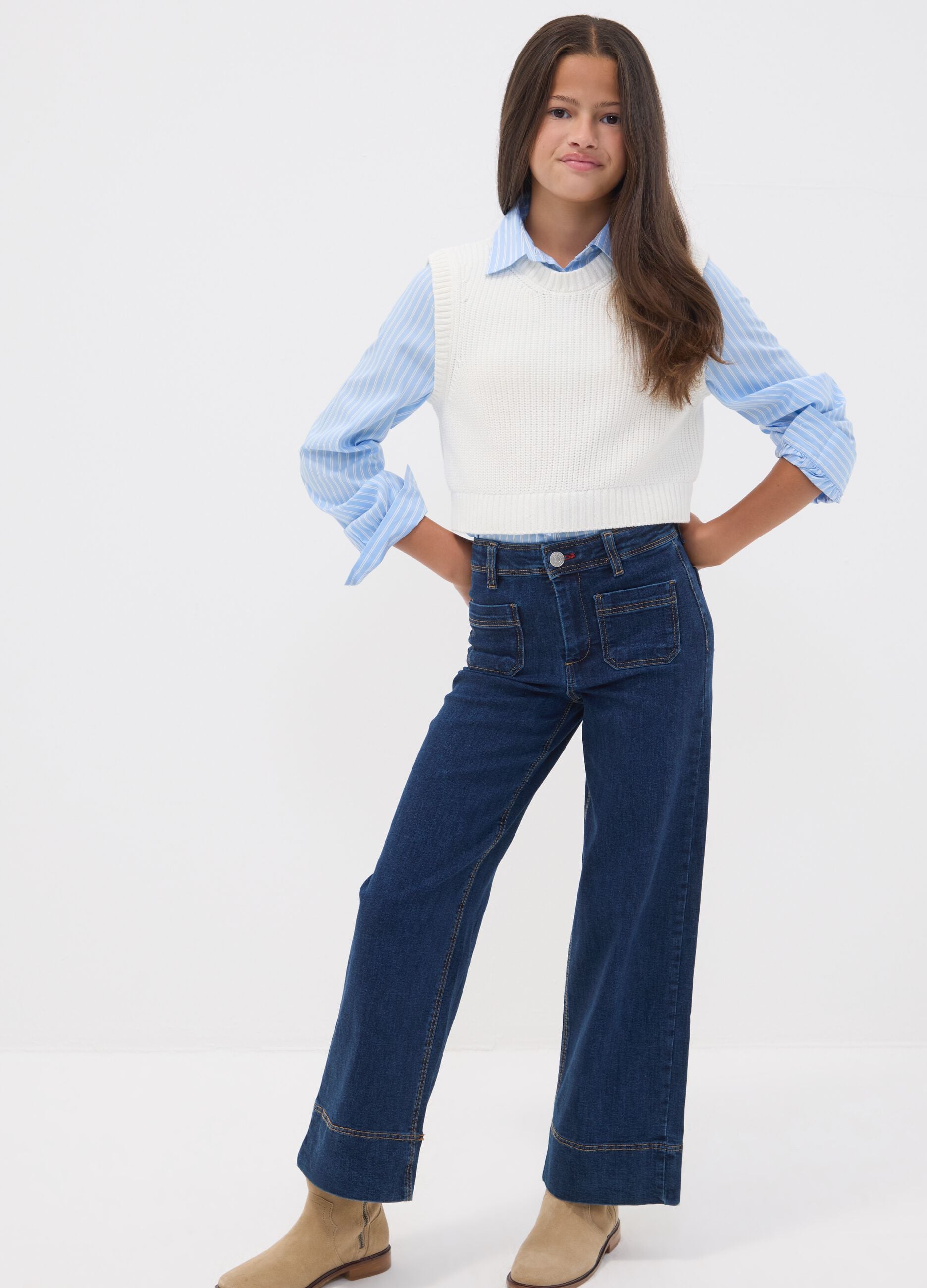 Girls' blue culotte jeans in stretch cotton