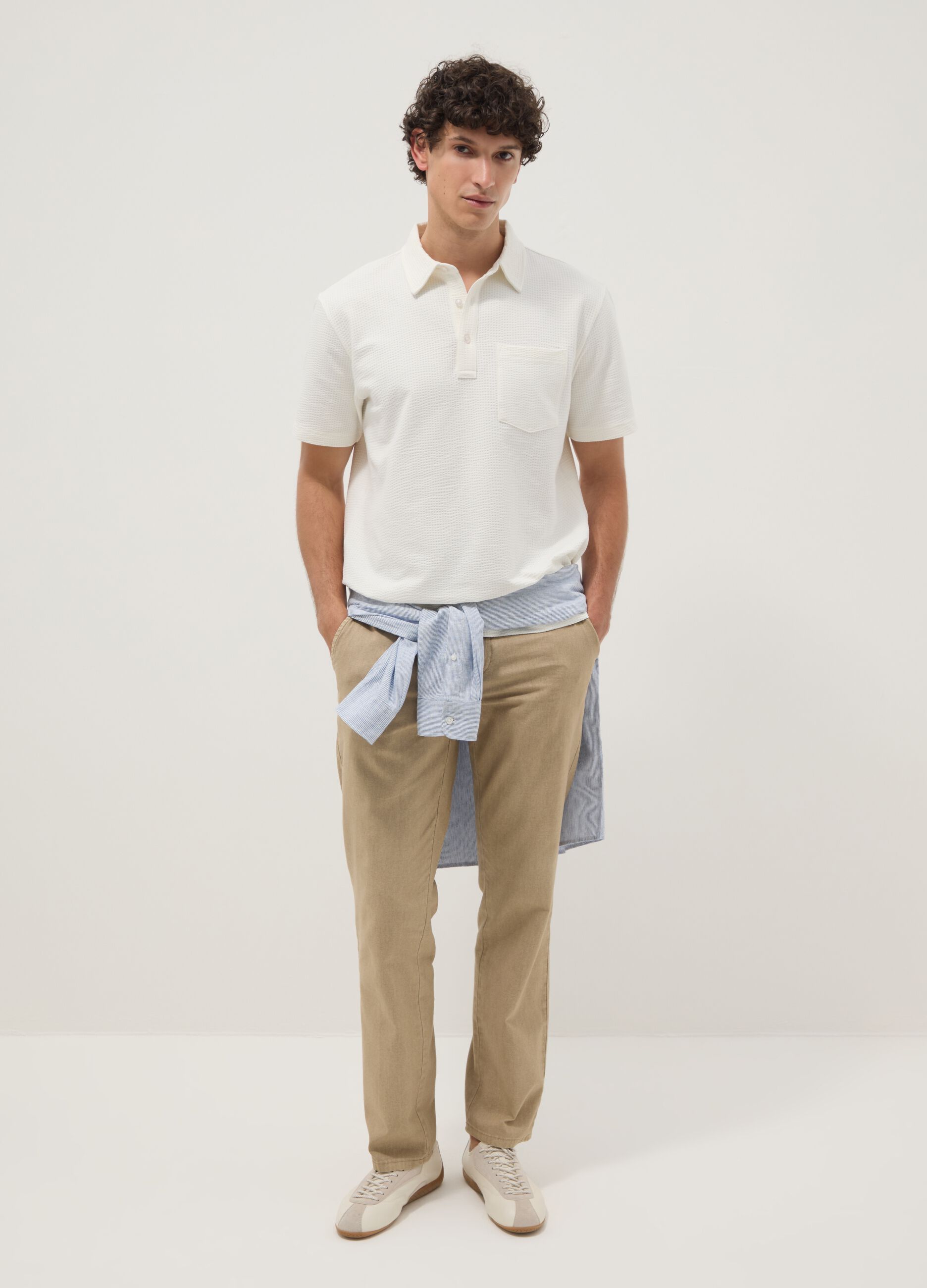 Beige linen and cotton-blend regular-fit chino trousers