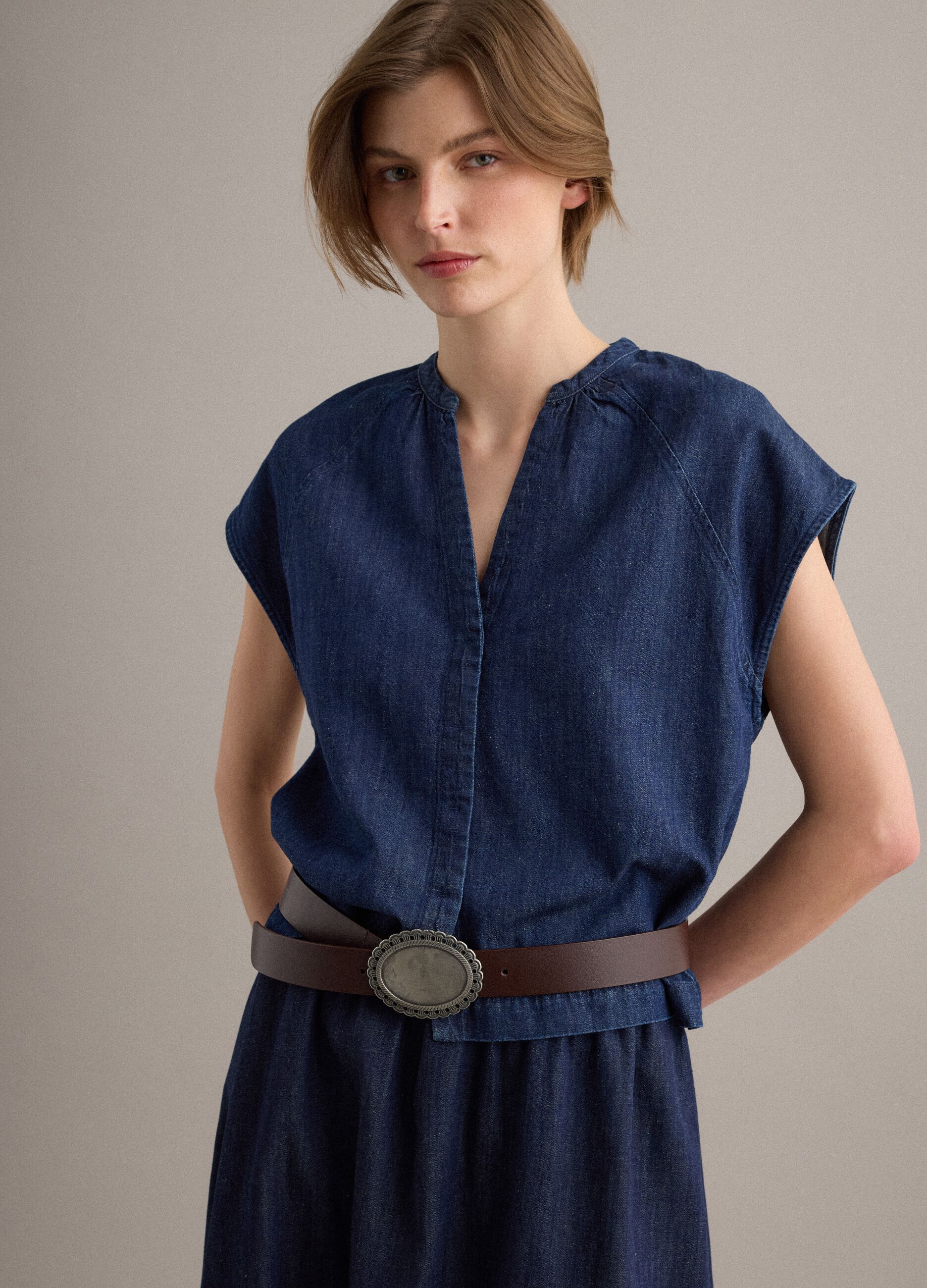 Blaue Denim-Hemdbluse aus Baumwoll-, Leinen- und Viskosemix, Oversize-Fit