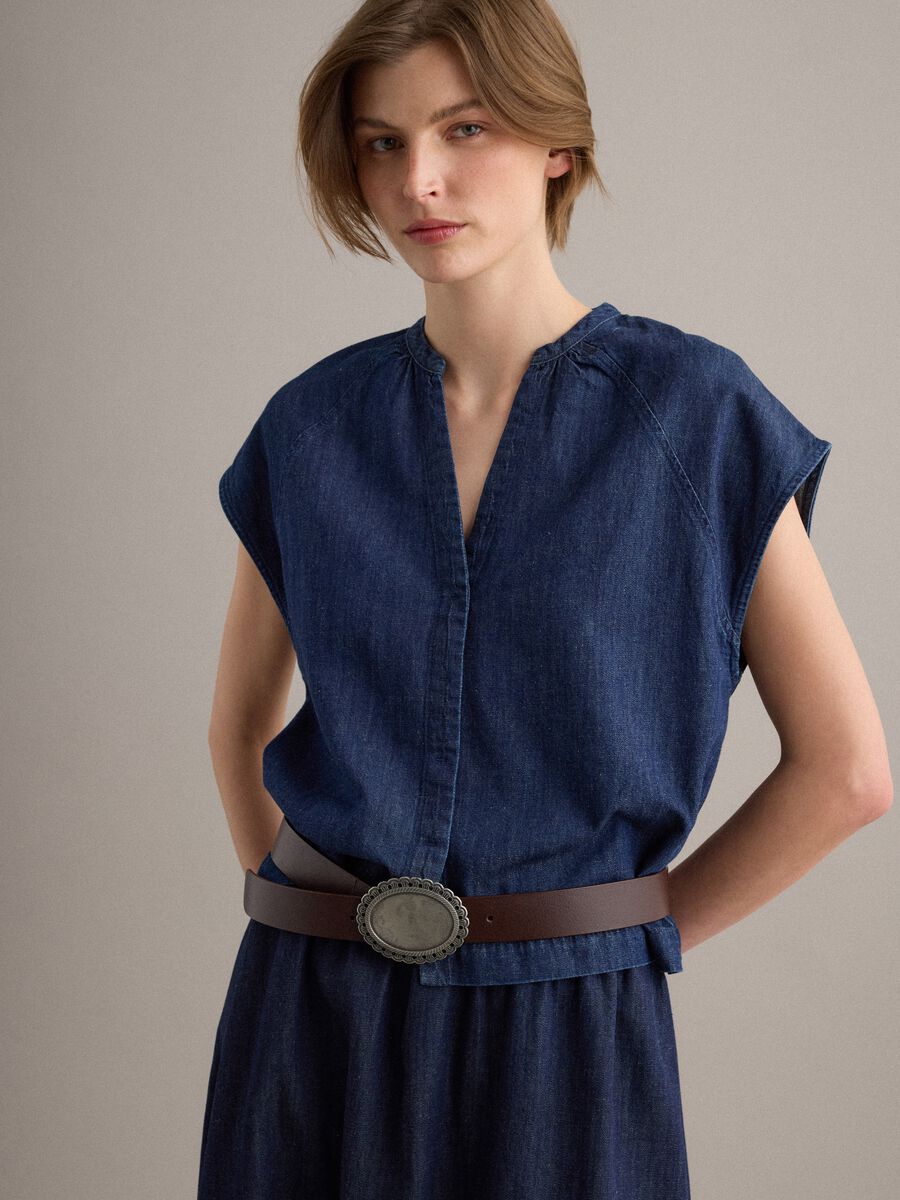 Blaue Denim-Hemdbluse aus Baumwoll-, Leinen- und Viskosemix, Oversize-Fit_0