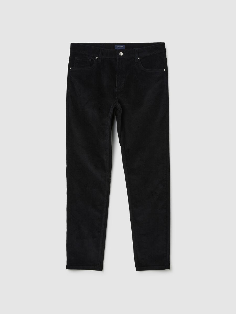 Black stretch cotton ribbed slim fit trousers_4