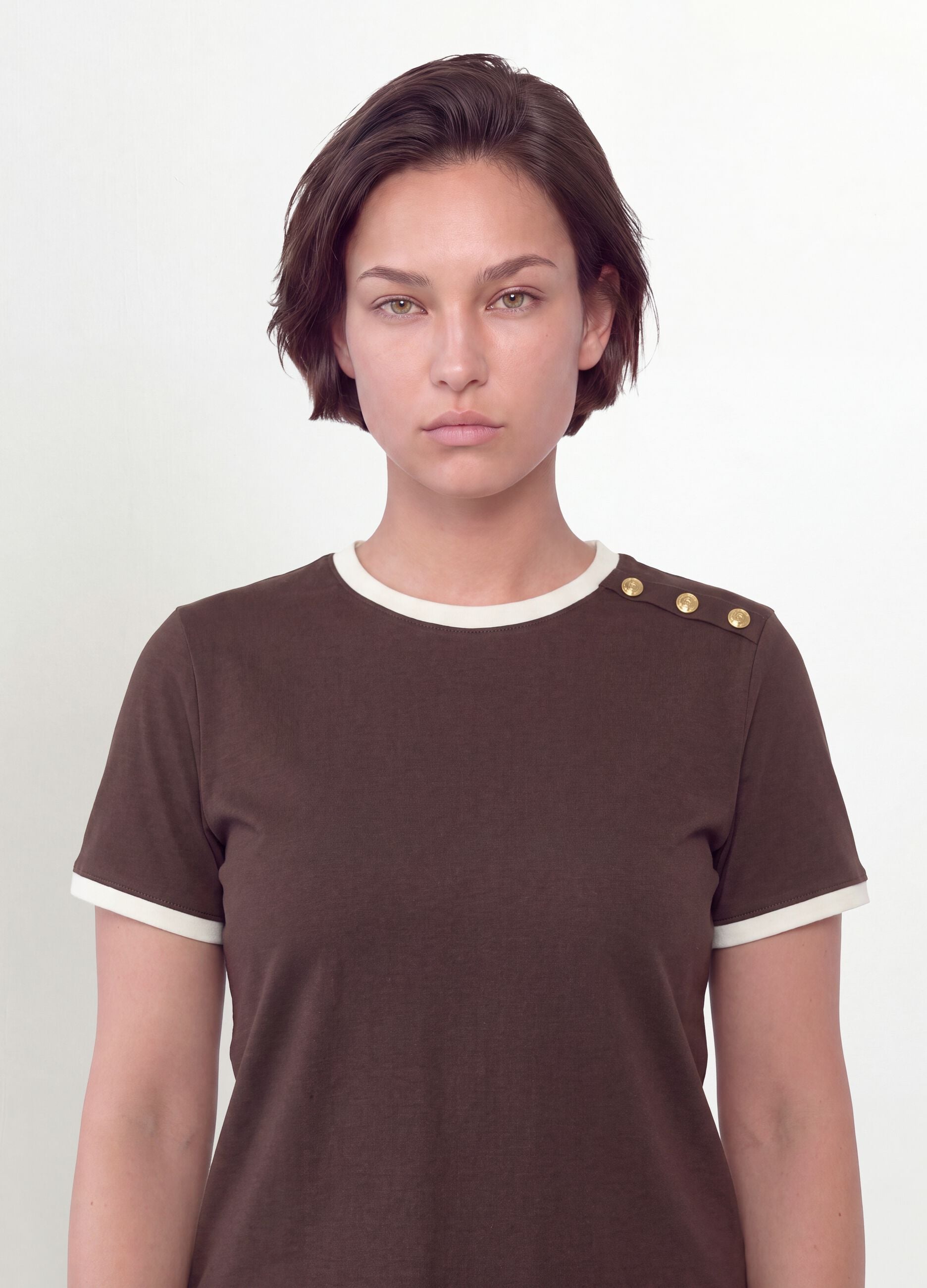 Brown pure cotton T-shirt with buttons, regular fit