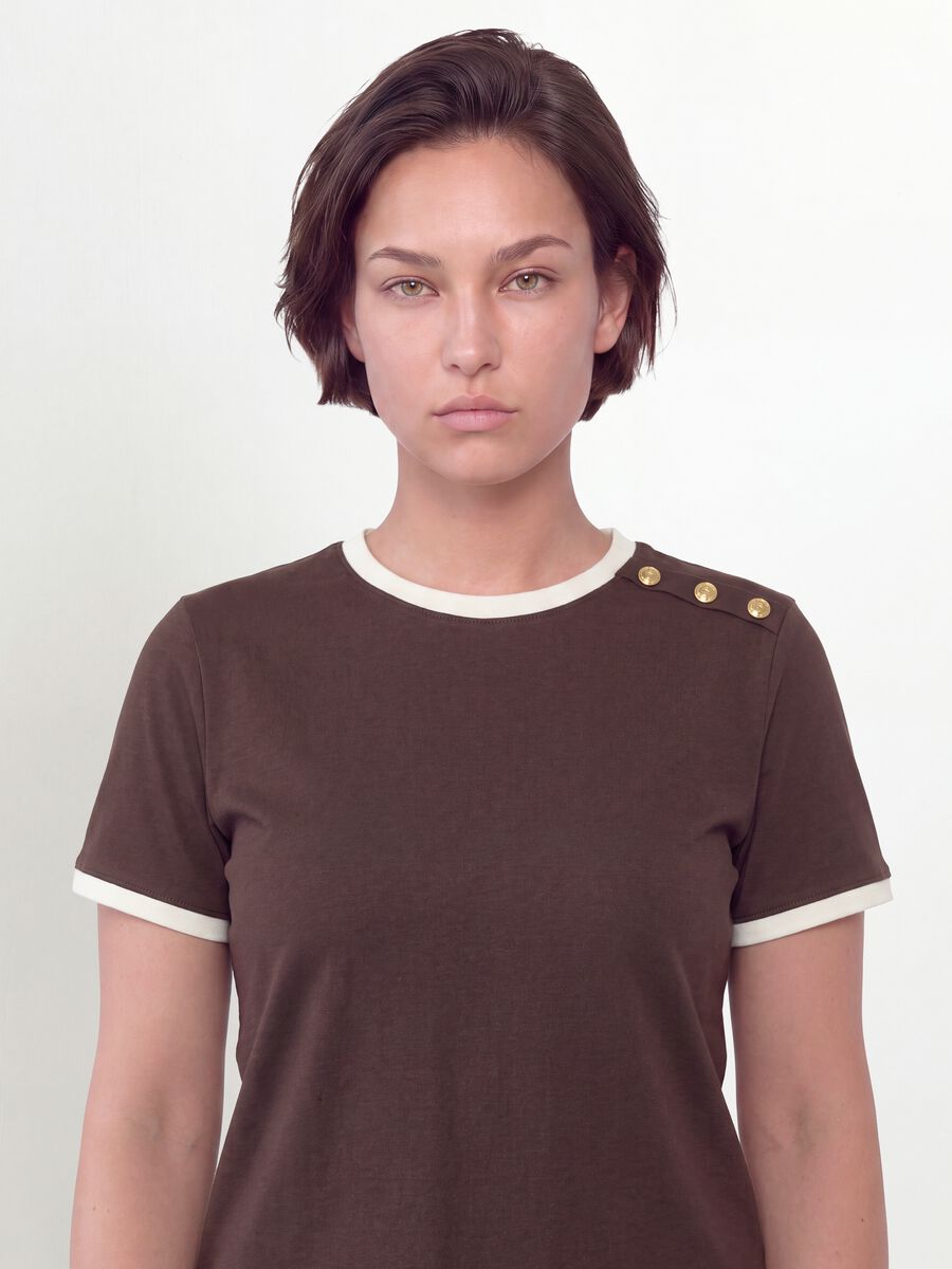 Brown pure cotton T-shirt with buttons, regular fit_2