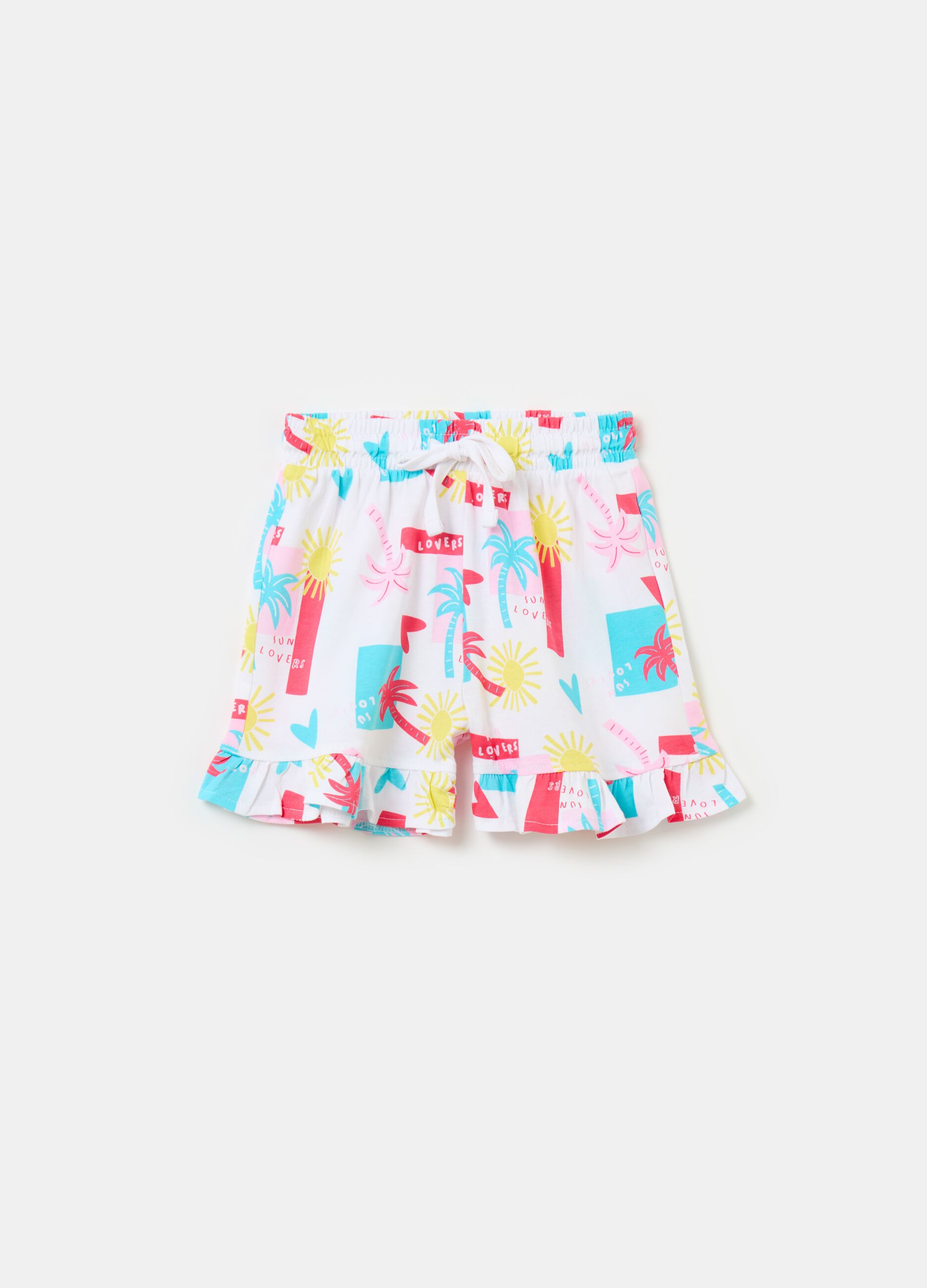 Cotton shorts with frills and drawstring