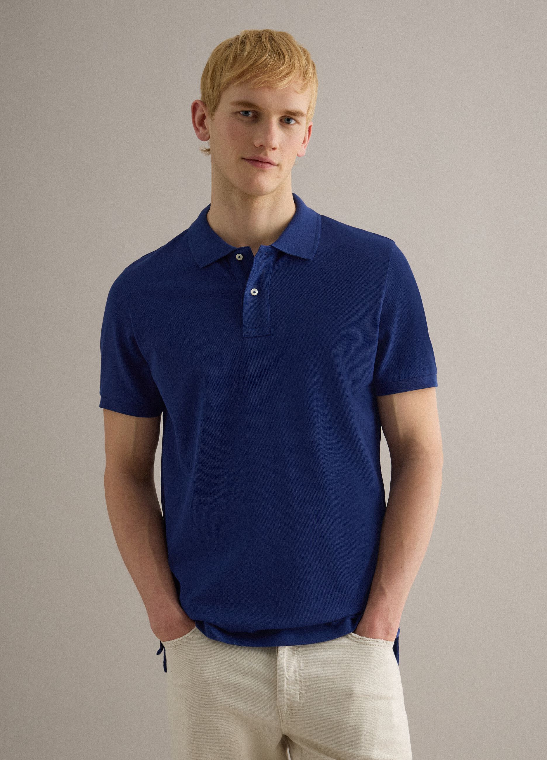 Short sleeve polo in pure blue cotton regular fit