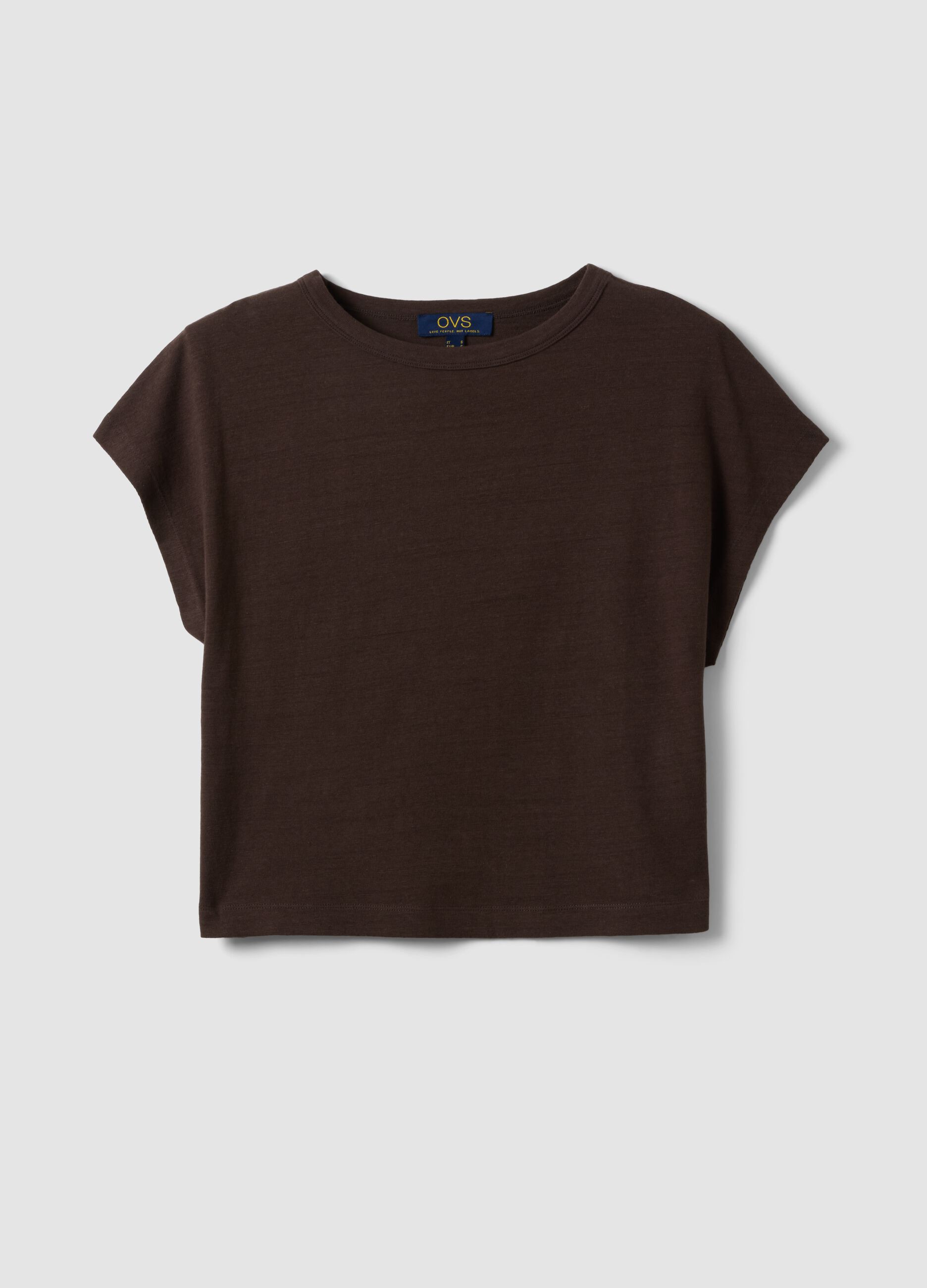 Brown cotton-linen blend short-sleeve T-shirt, regular fit
