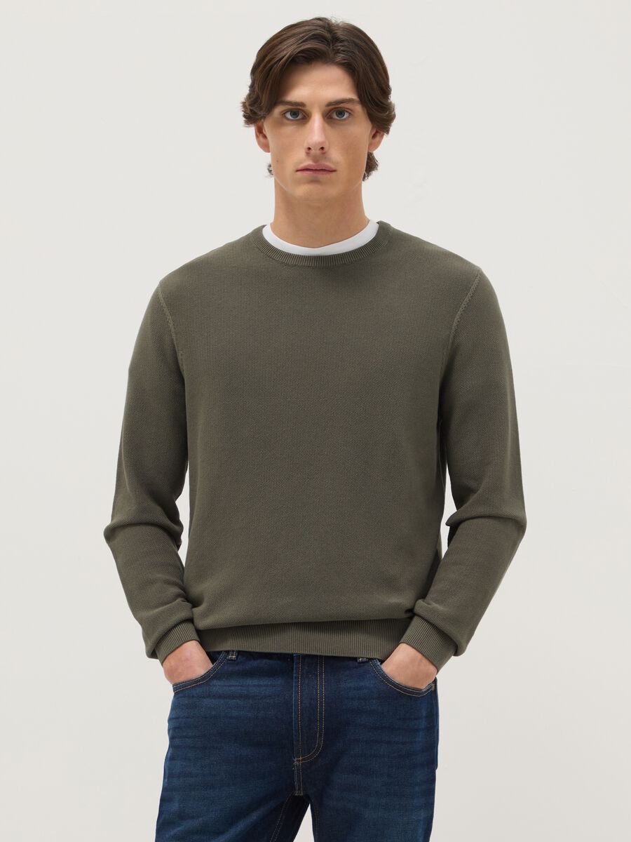 Green Crew Neck Sweater in Pure Cotton Regular Fit_0