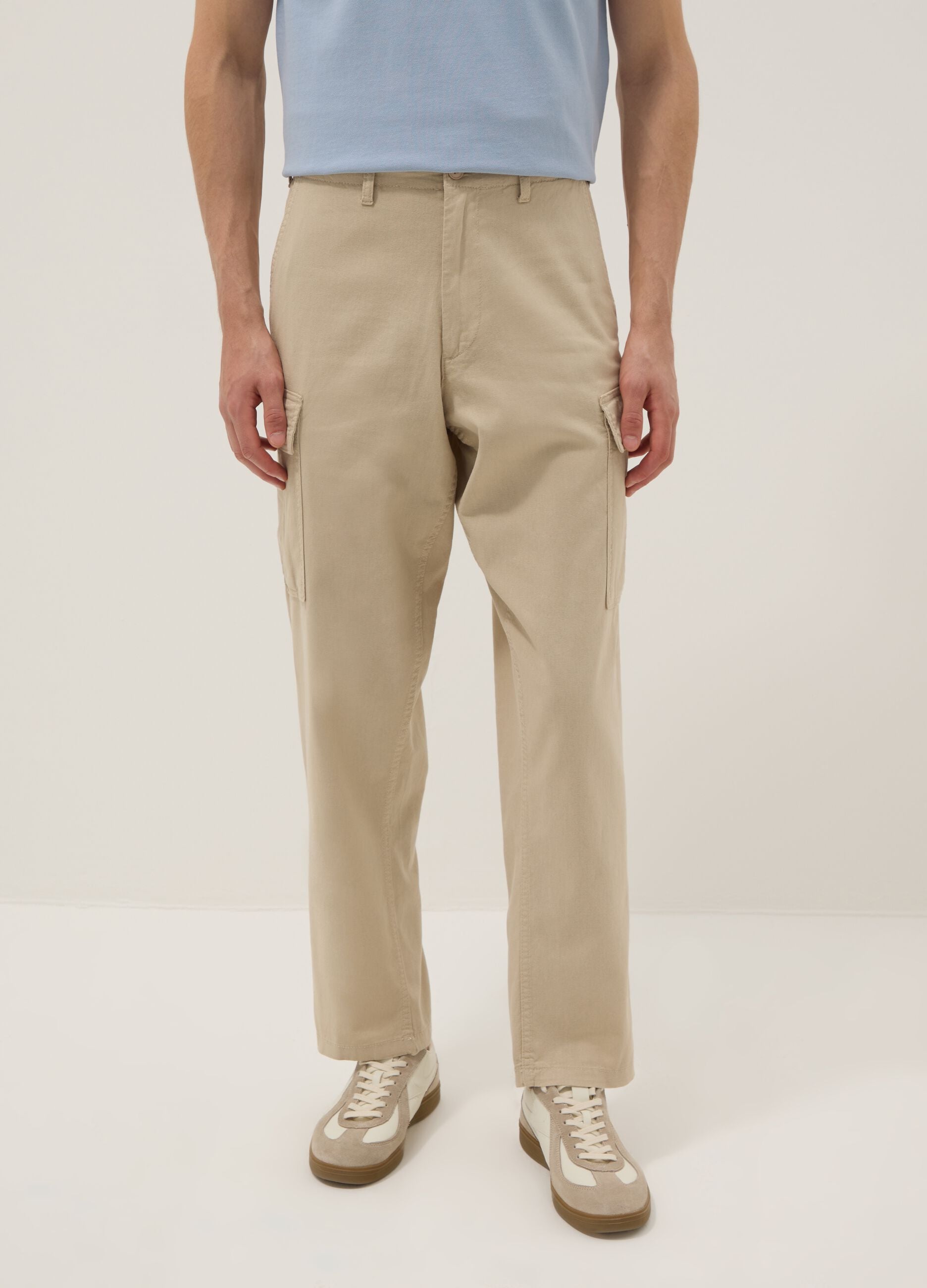 Beige Cargo-Hose in Leinen-Baumwollmix, Regular Fit