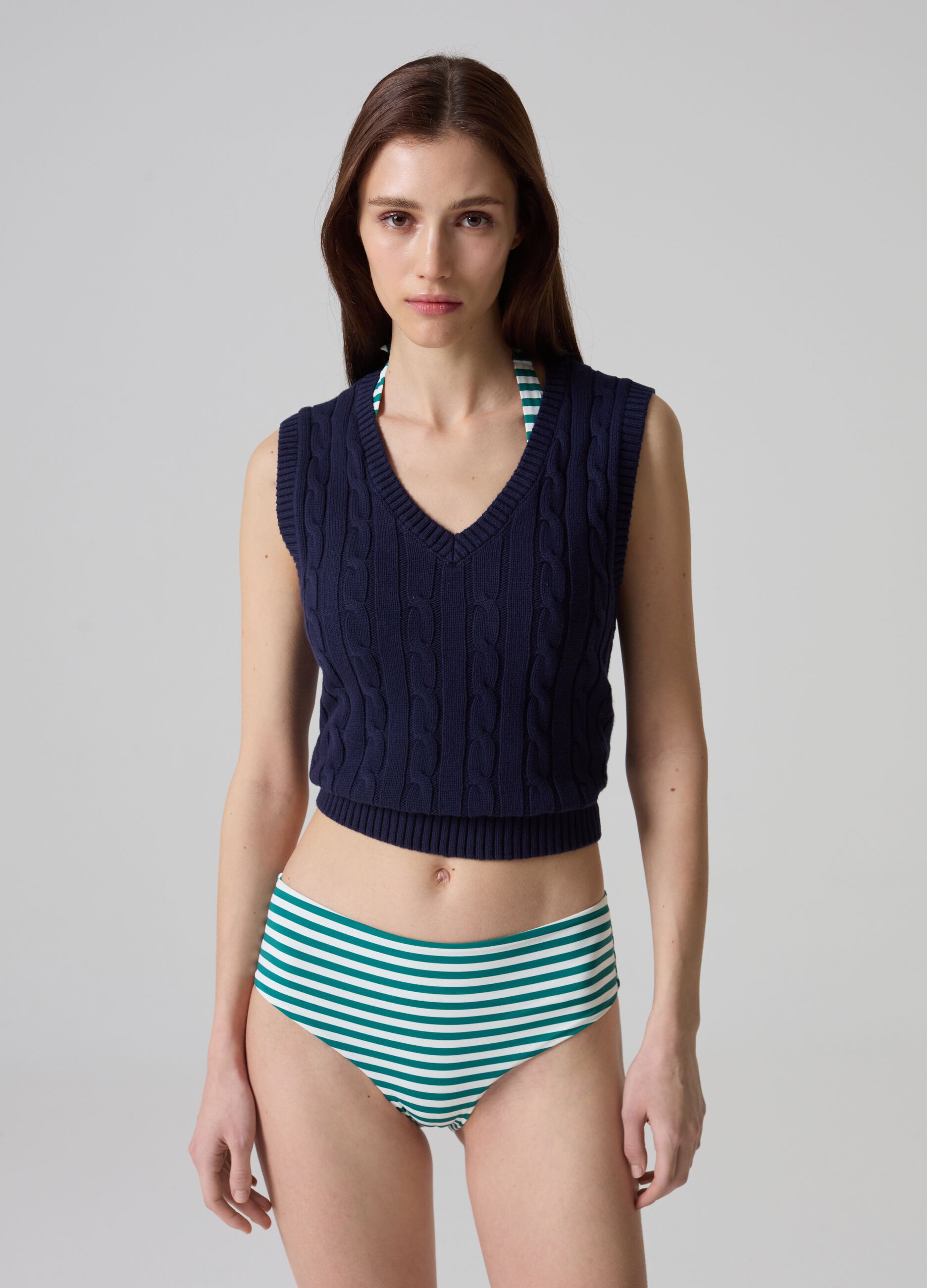 High-waist striped bikini bottoms