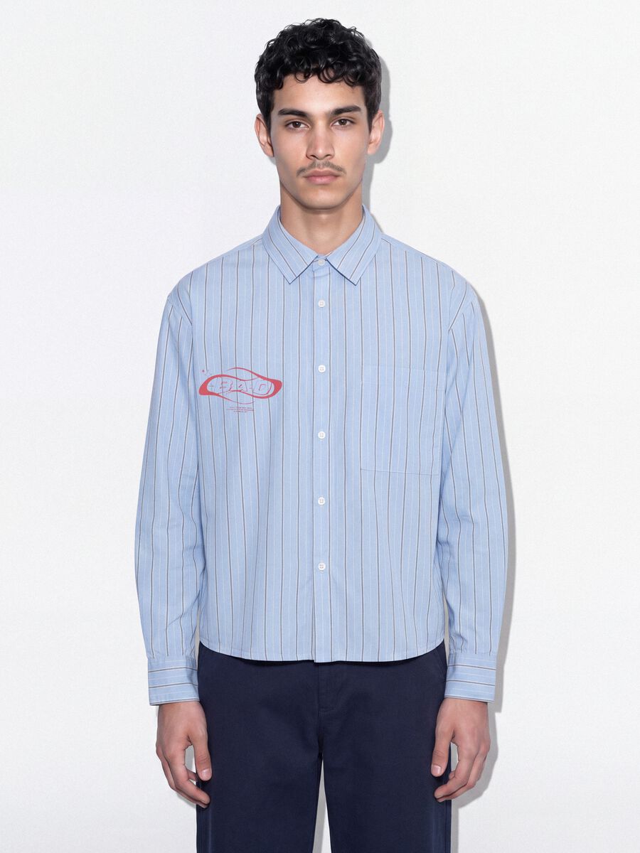 Blue cropped pure cotton striped shirt with oversized fit_1