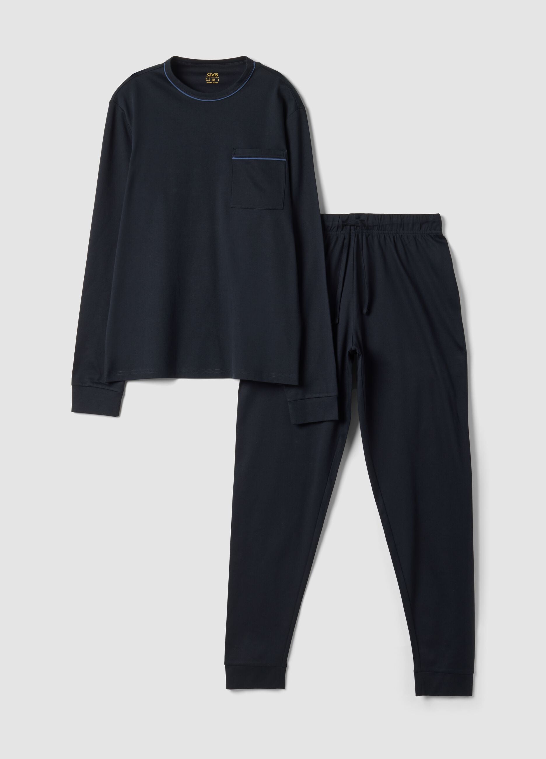 Blauer Pyjama aus reiner Bio-Baumwolle mit Rundhalsausschnitt