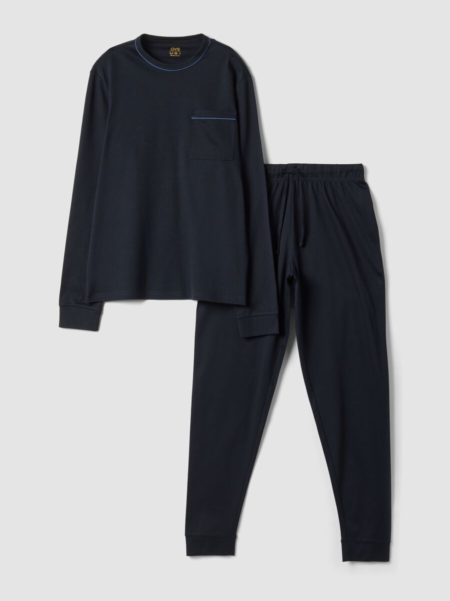 Blauer Pyjama aus reiner Bio-Baumwolle mit Rundhalsausschnitt_0