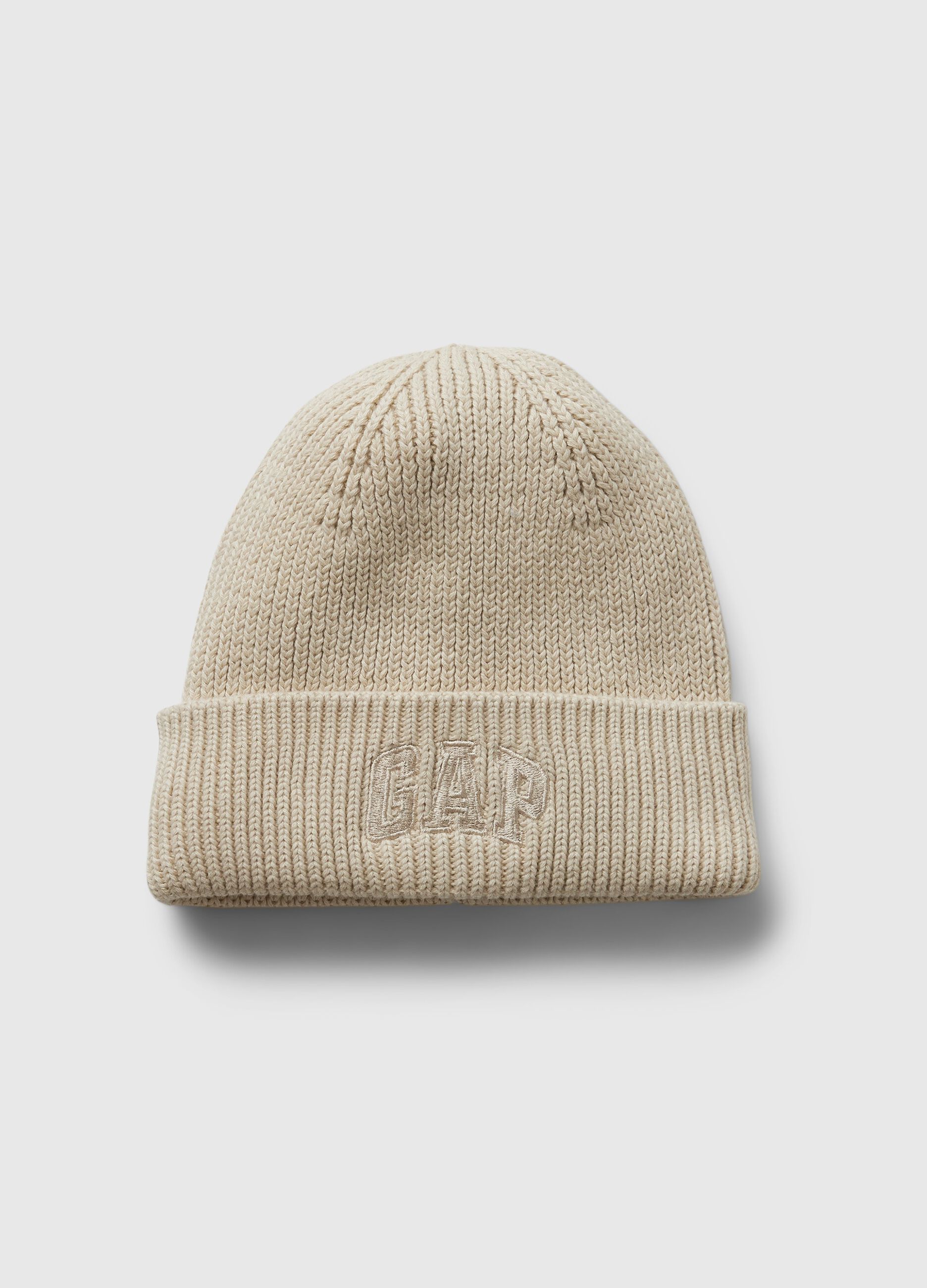 Knit hat with fold and logo embroidery