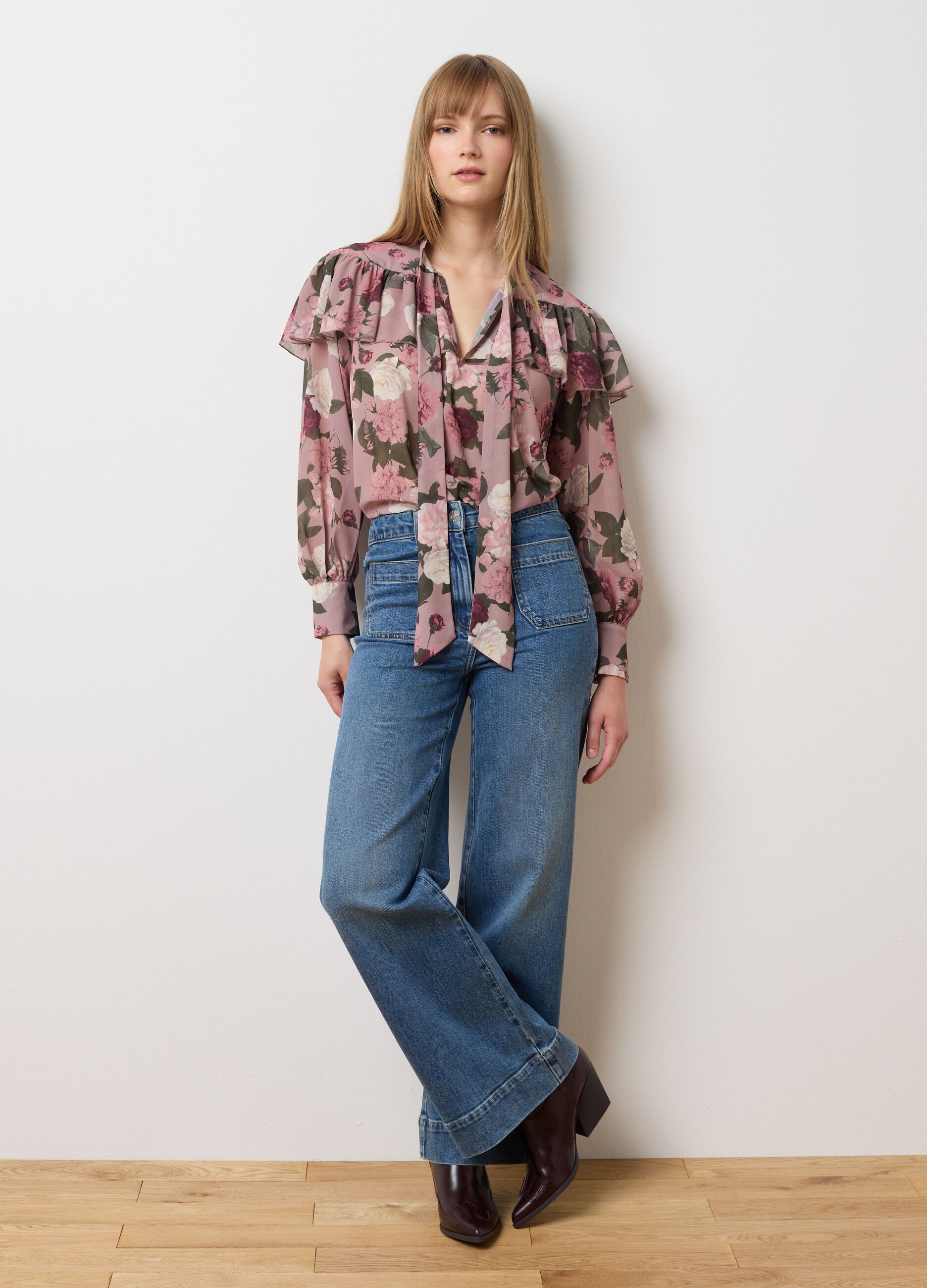 Blue stretchy denim wide leg trousers