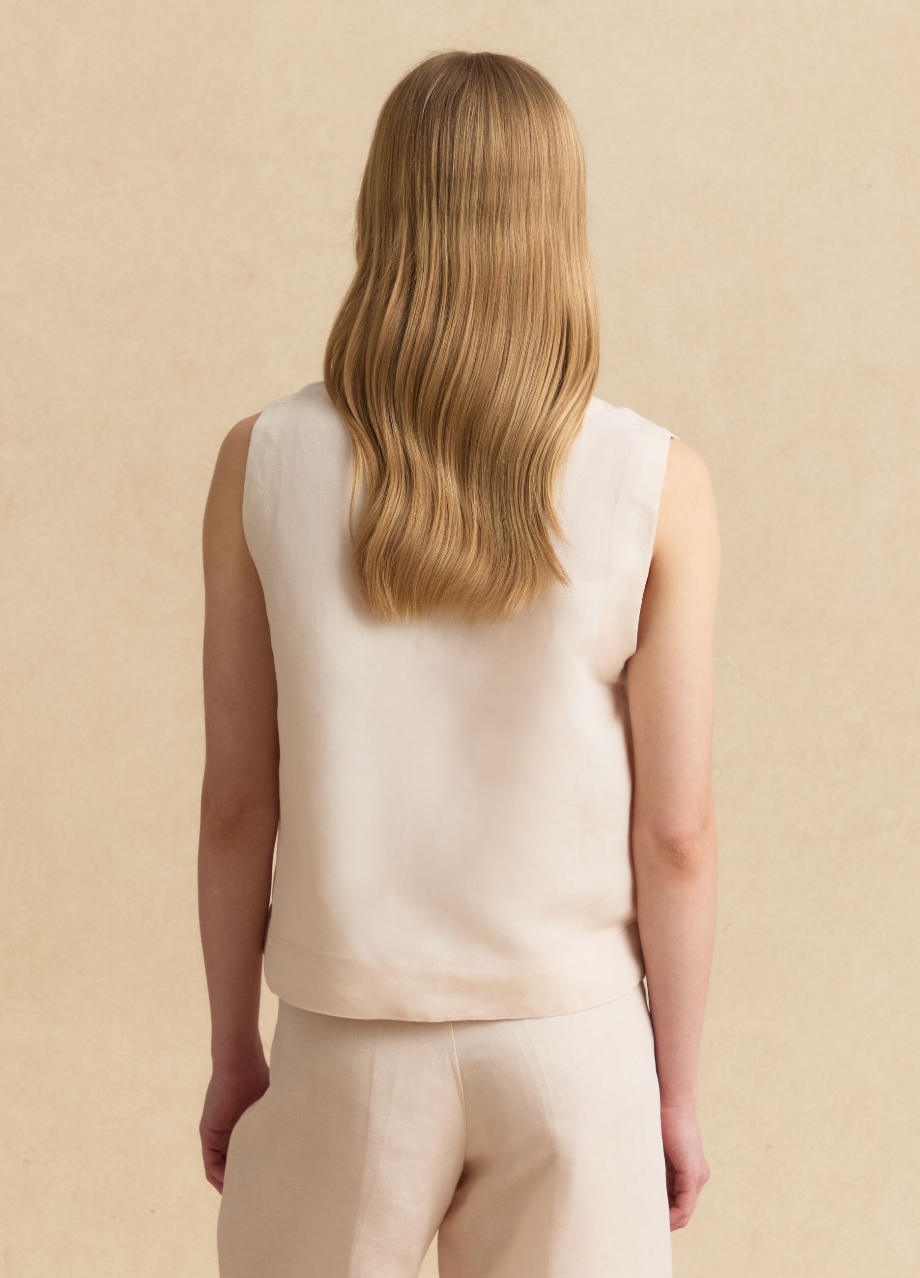 Beige linen-viscose blend top with oversized fit