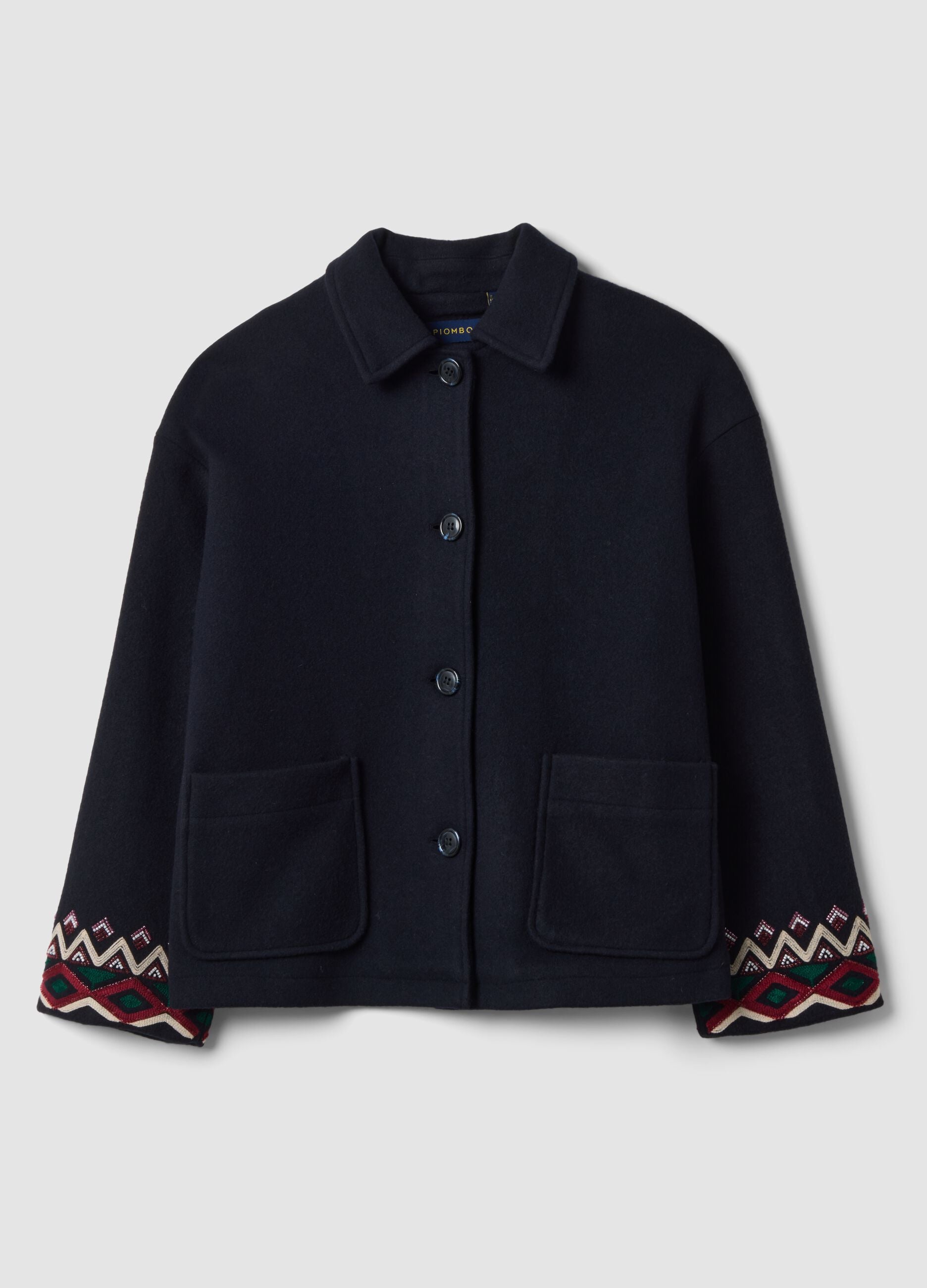 Blue wool-blend coat with geometric embroidery