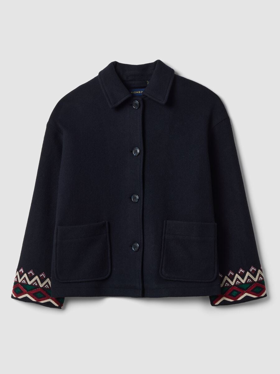 Blue wool-blend coat with geometric embroidery_0