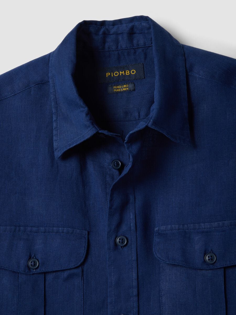 Blue regular-fit pure linen shirt with double pocket_6