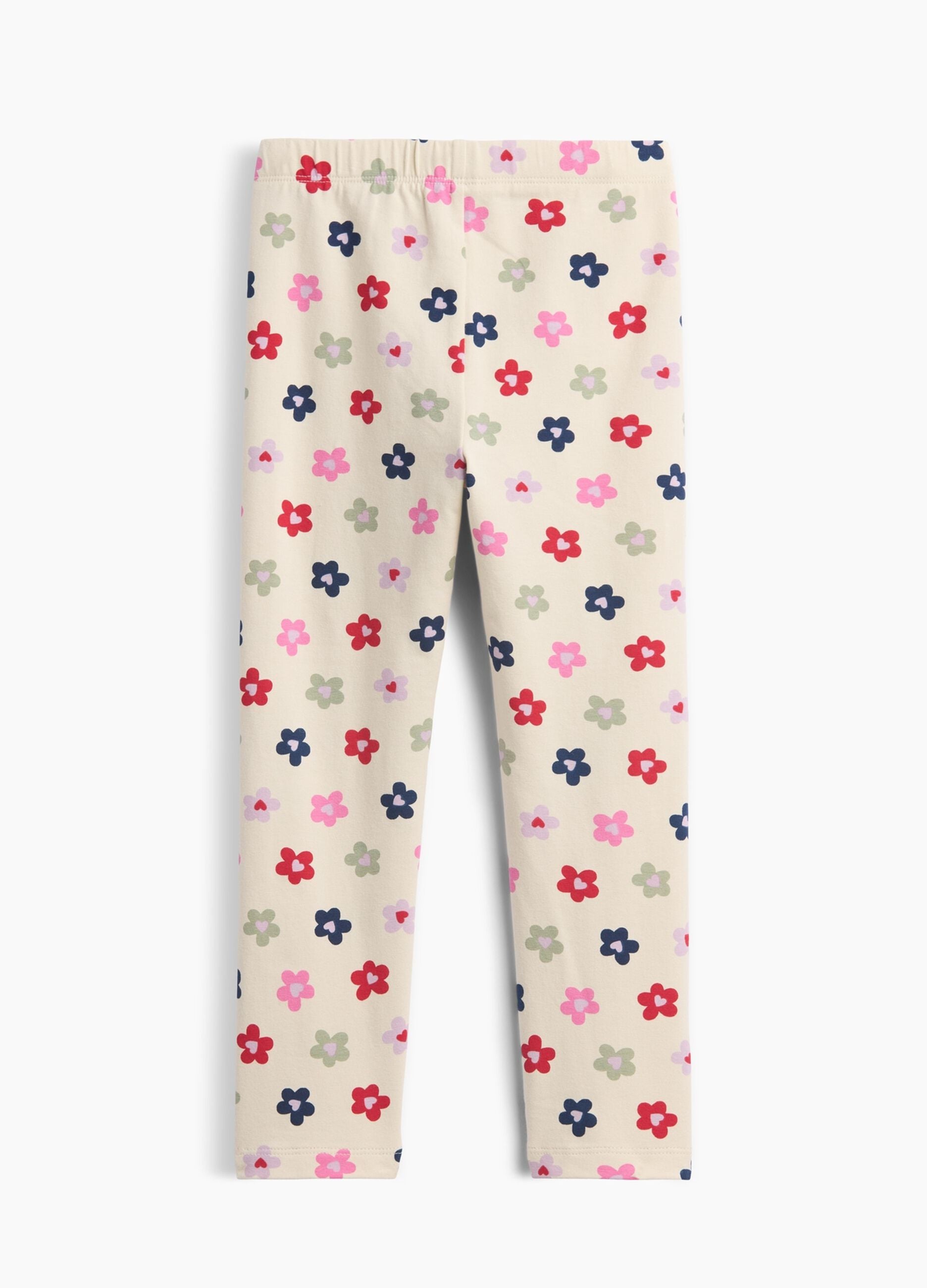 Leggings bege em algod&atilde;o el&aacute;stico com padr&atilde;o floral