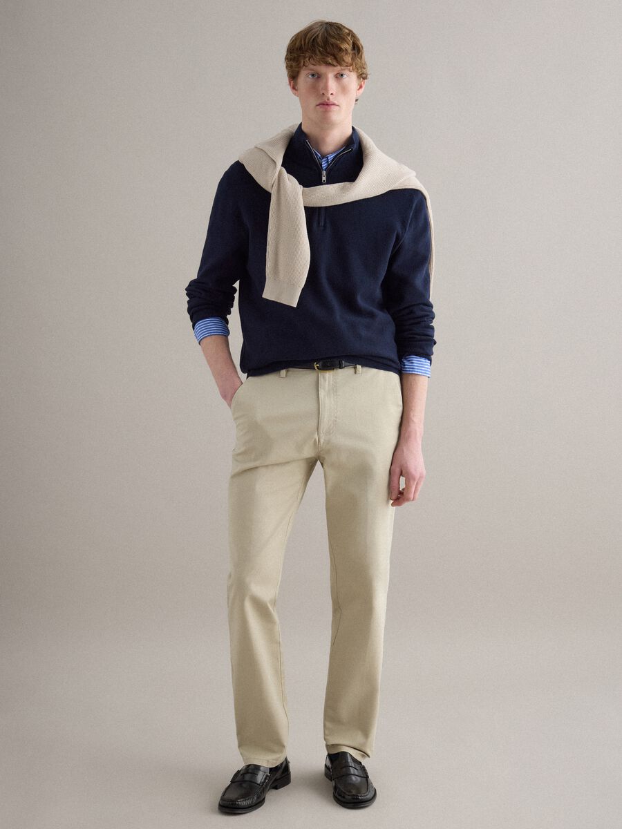 Pure cotton blue regular fit sweater with high neck and zip_2