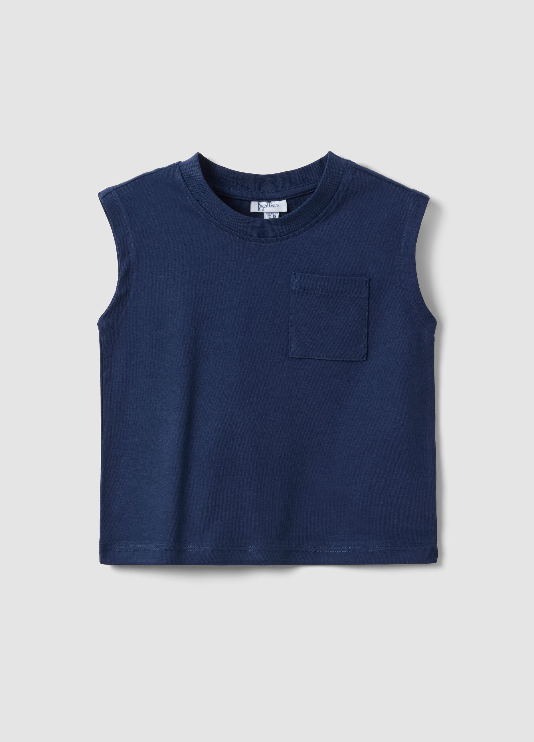 Blue pure cotton regular fit boys' tank top with pocket