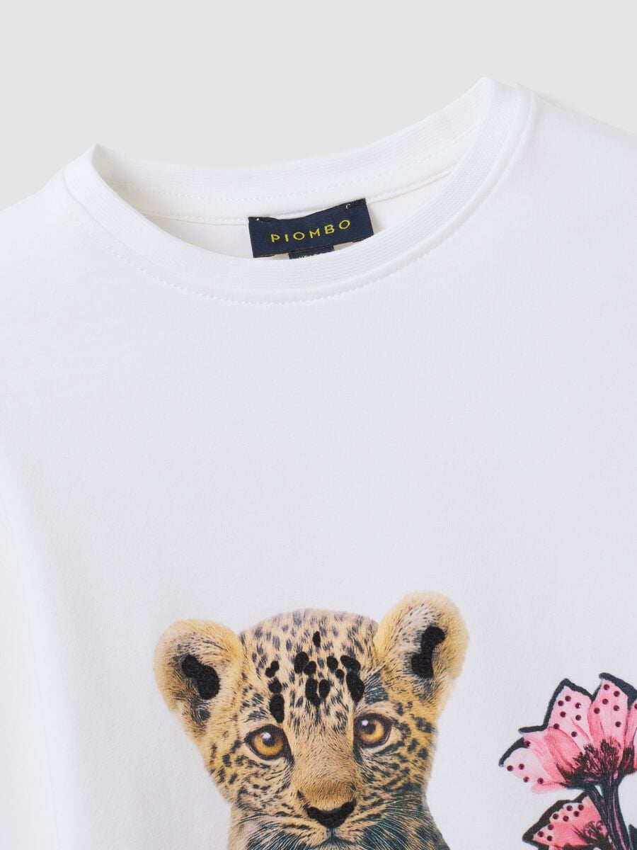 White stretch cotton T-shirt with leopard print for girls_1