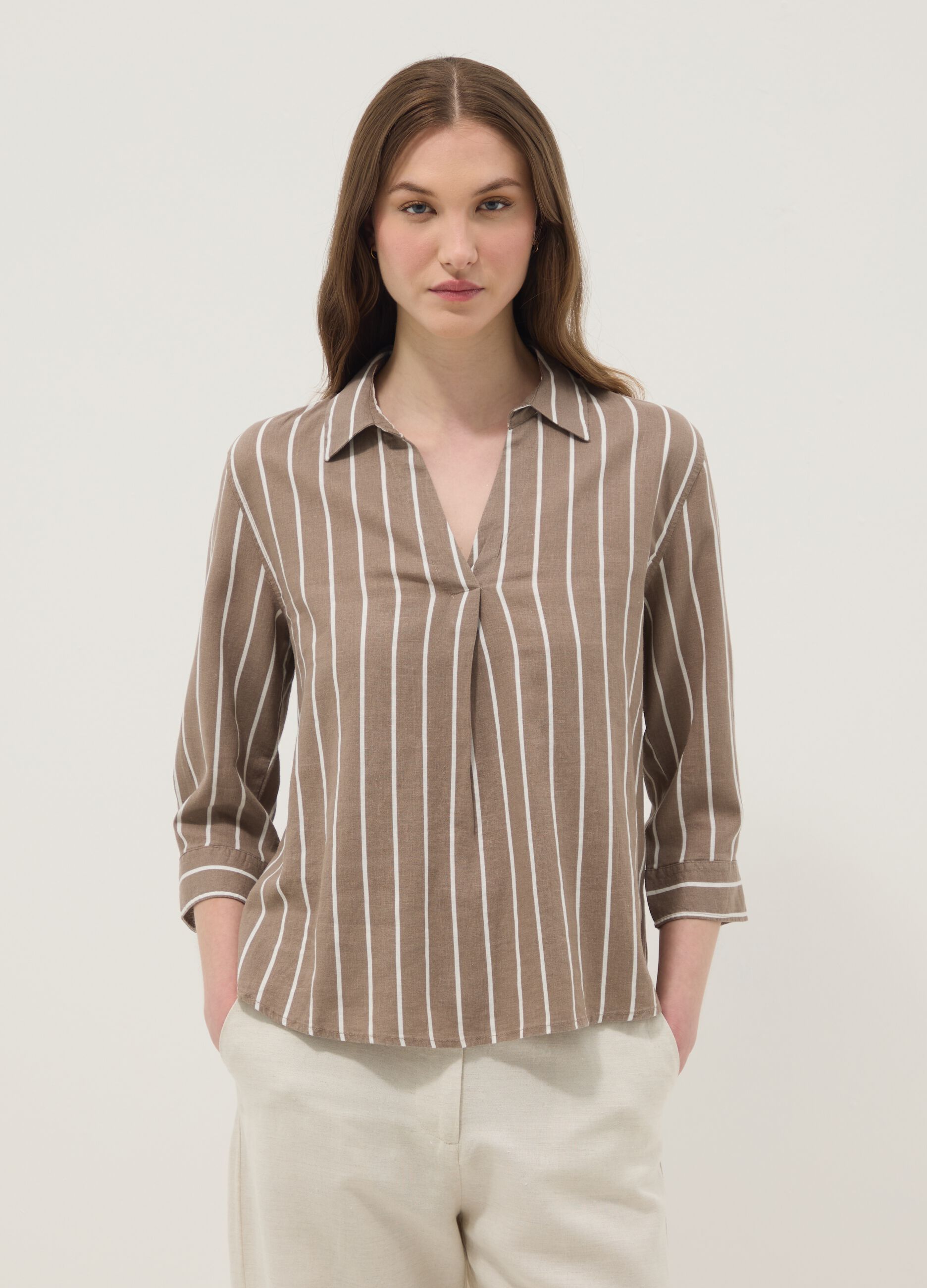Brown striped linen-viscose blend shirt