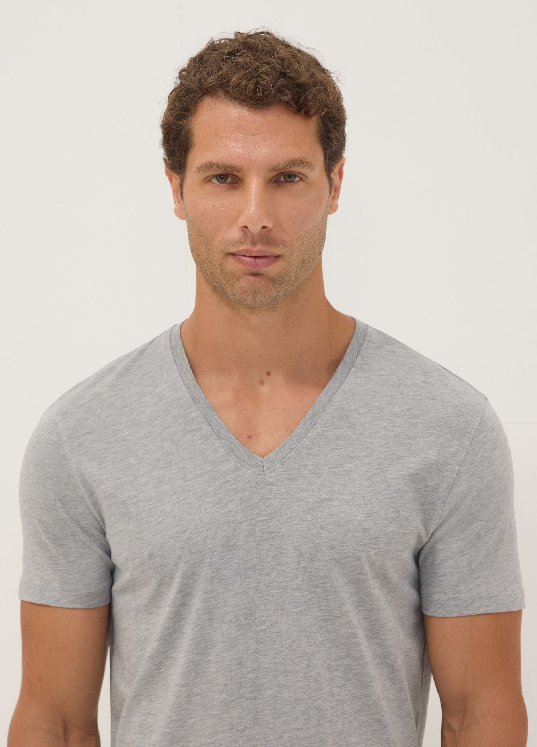 Grey Supima cotton regular-fit V-neck T-shirt