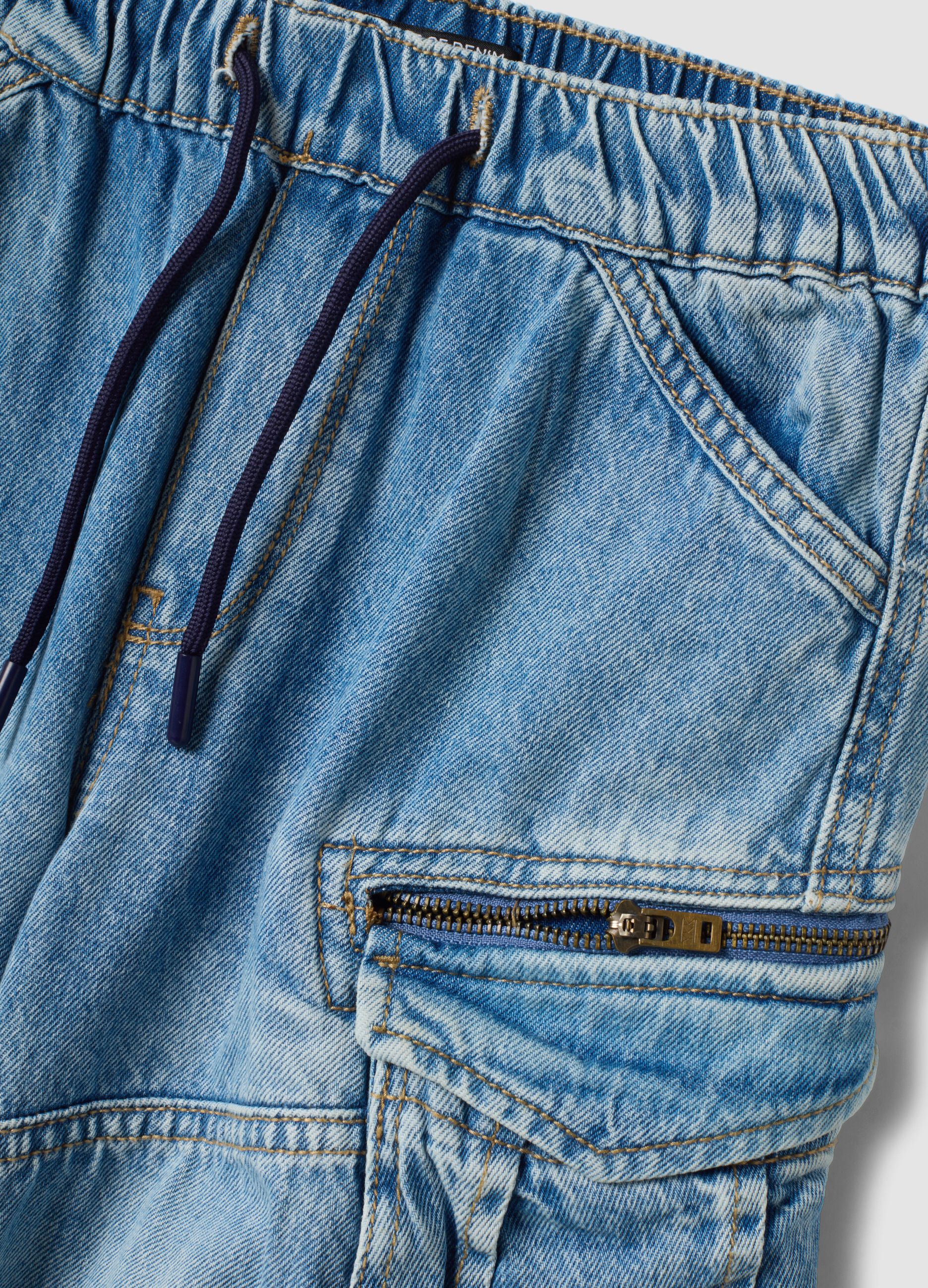 Light blue pure cotton cargo jeans with elasticated waist, relaxed fit