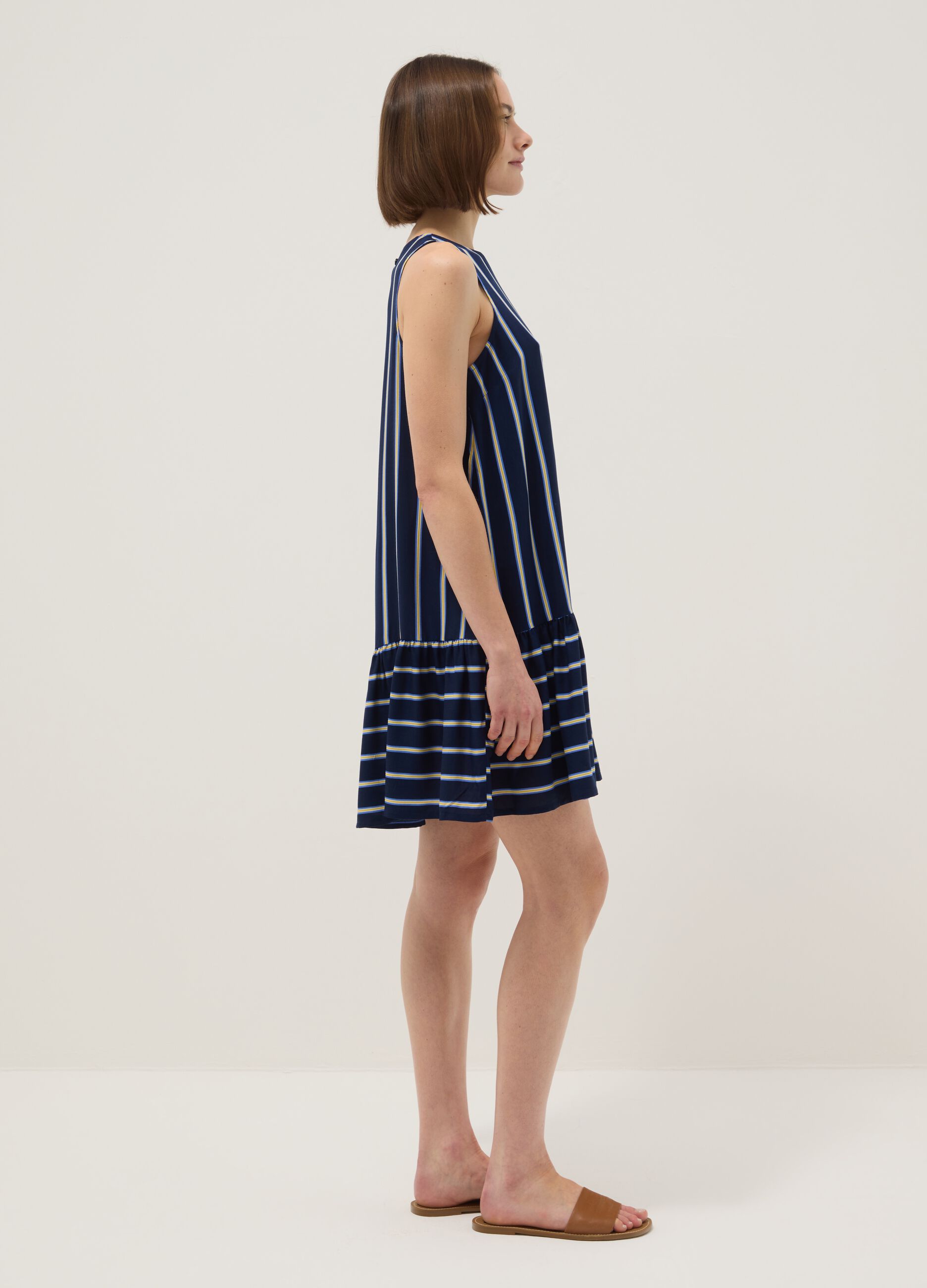 Sleeveless pure viscose multicolour striped dress, regular fit