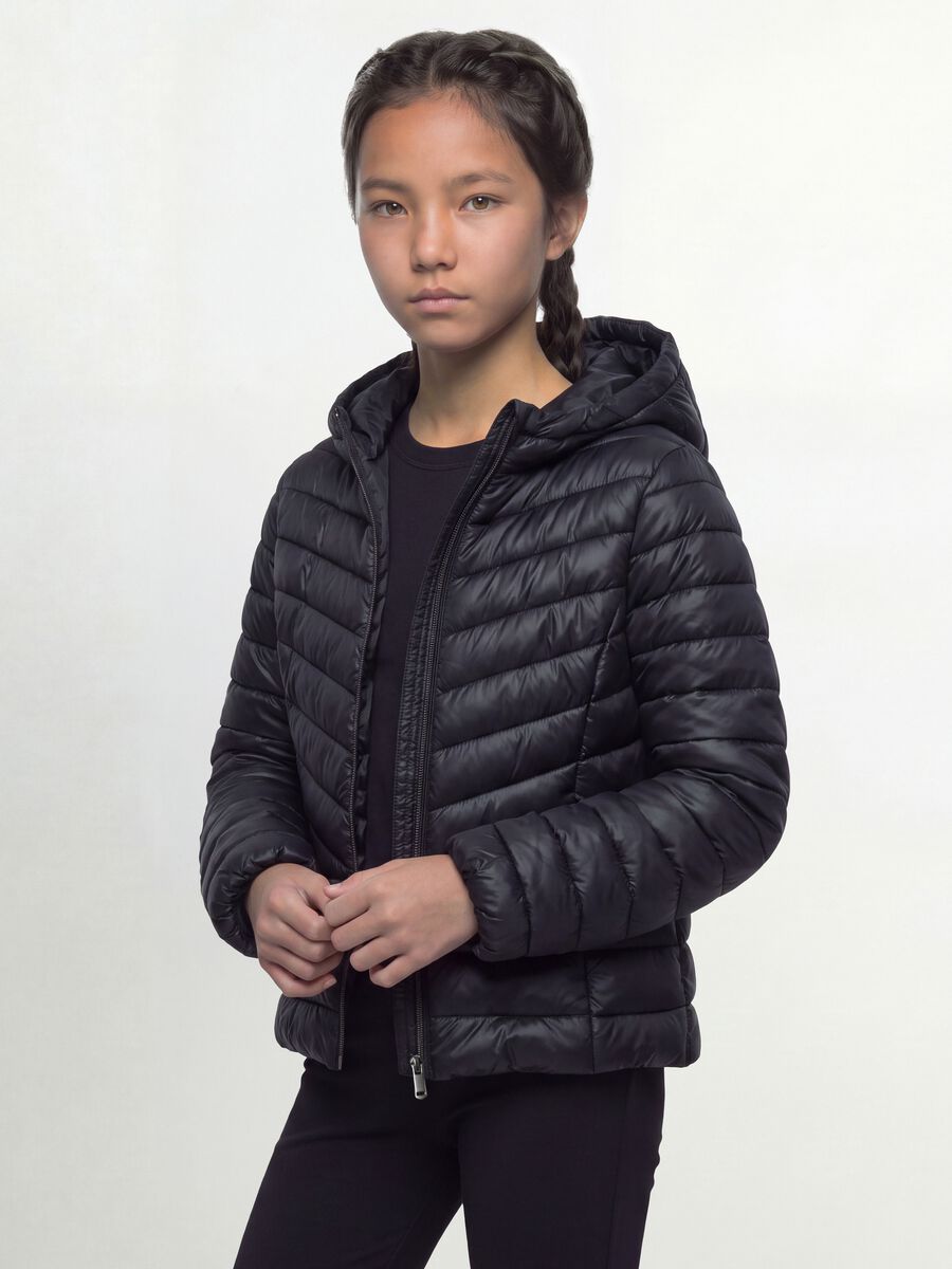 Black Ultralight padded jacket with hood and zip for girls_0