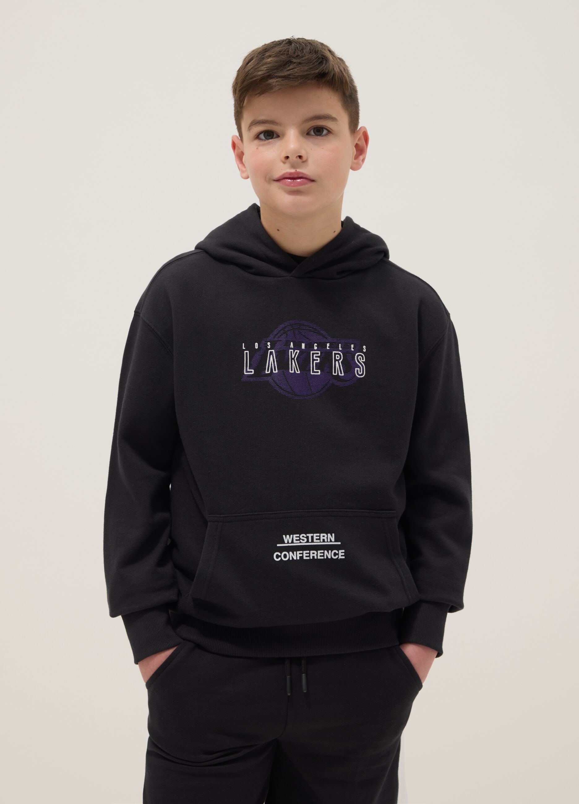 Kids' Regular Fit Pure Black Cotton Sweatshirt with Lakers Print