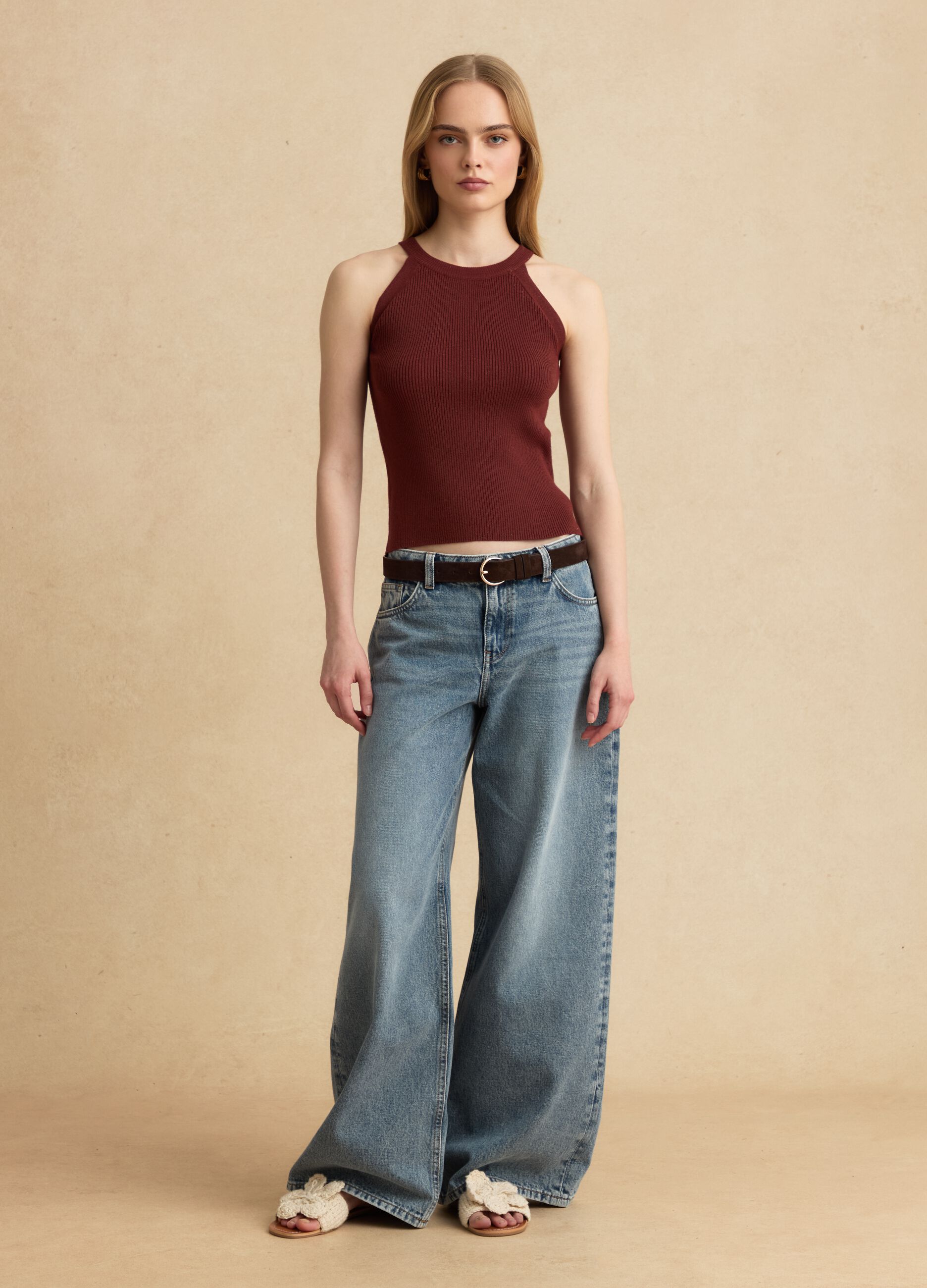 Fitted red viscose blend tank top