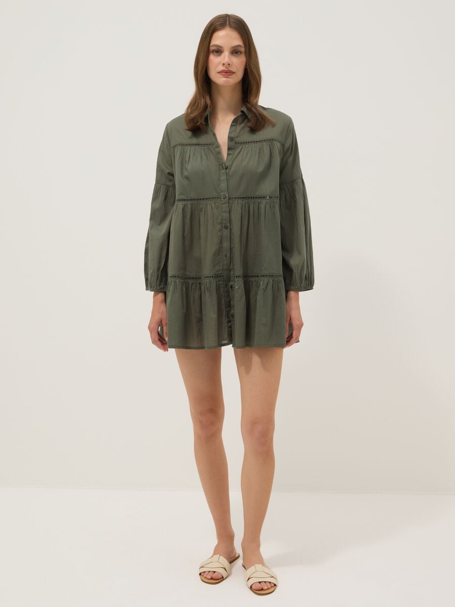 Green pure organic cotton kaftan with ruffles and broderie inserts_1