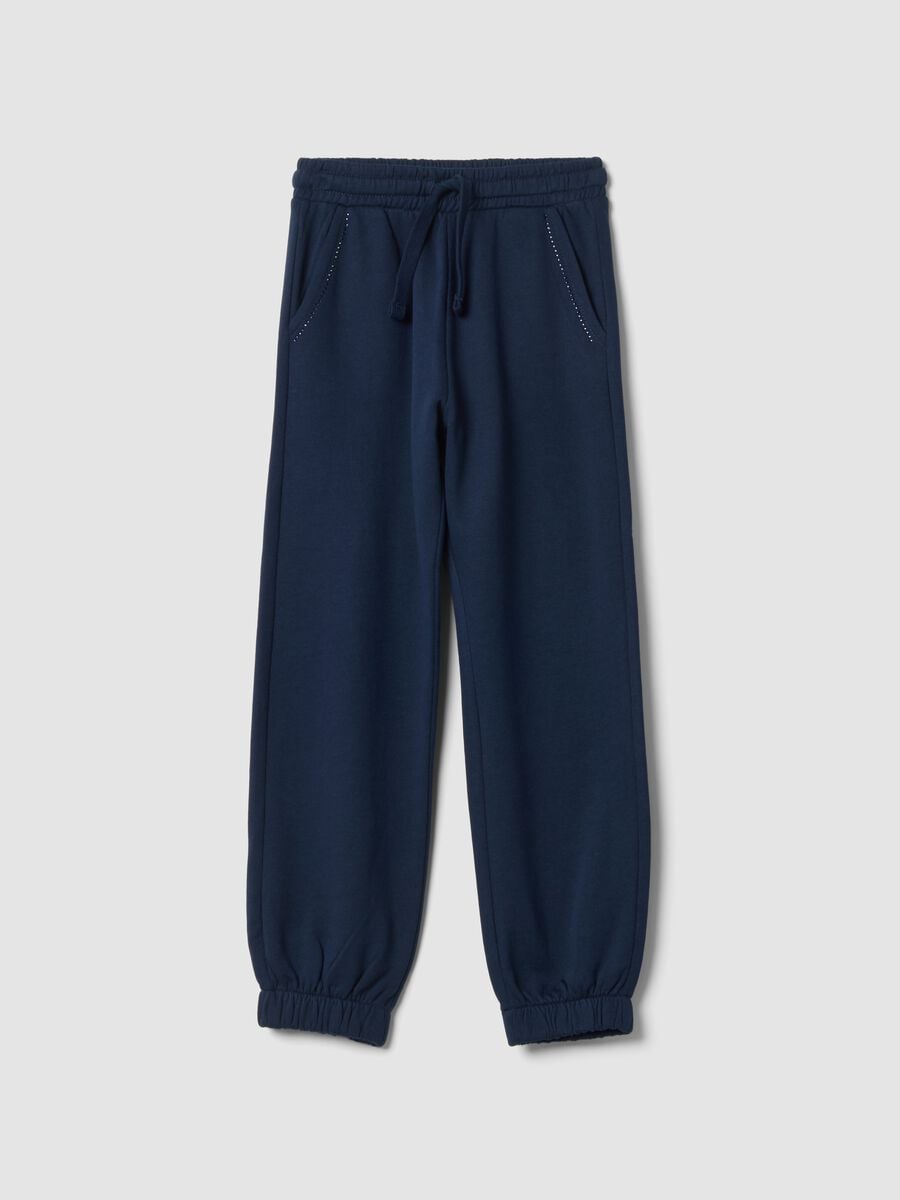 Navy blue pure cotton fleece joggers, regular fit_0