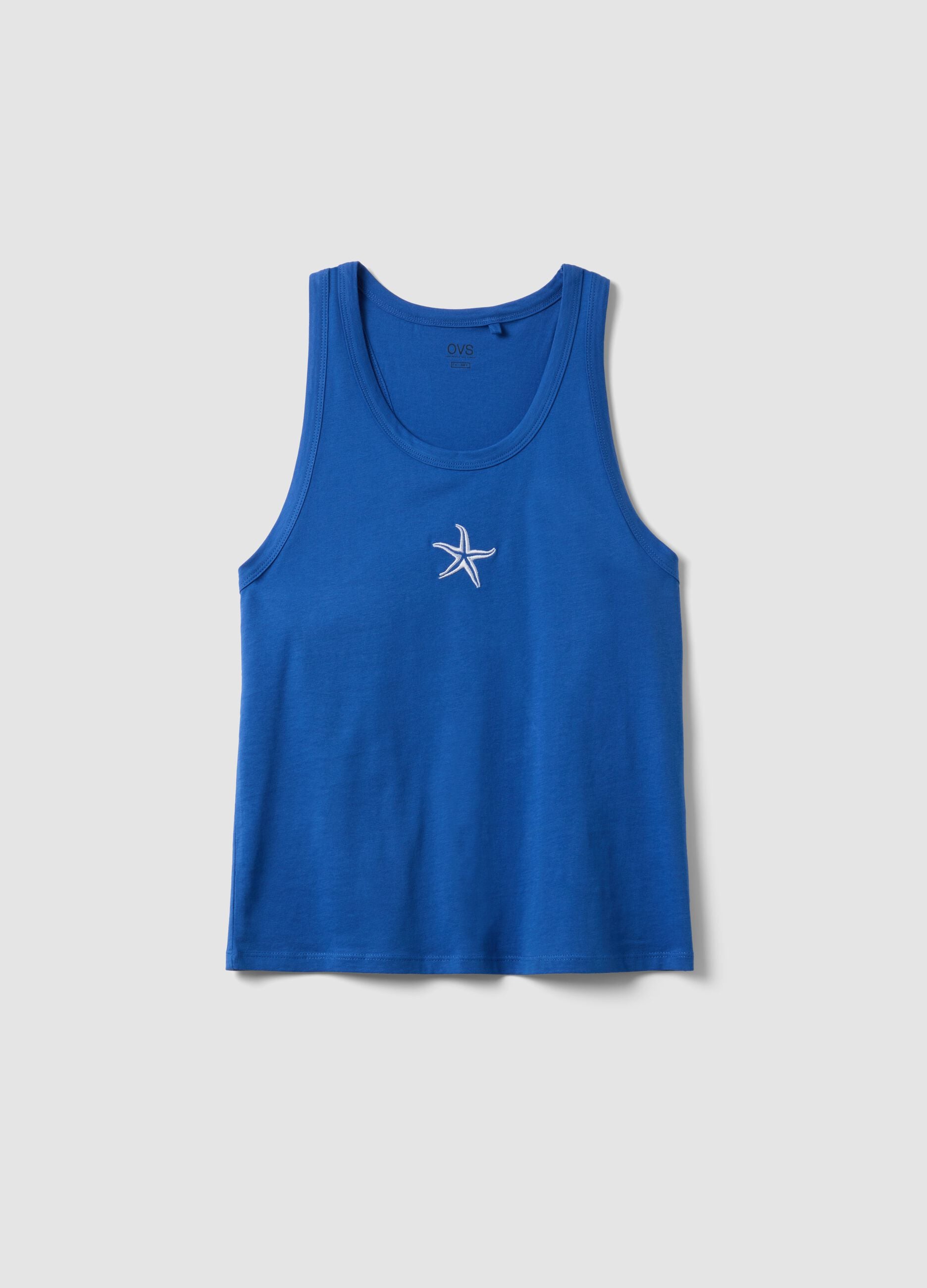 Blue pure cotton pyjama vest top, regular fit, with embroidery