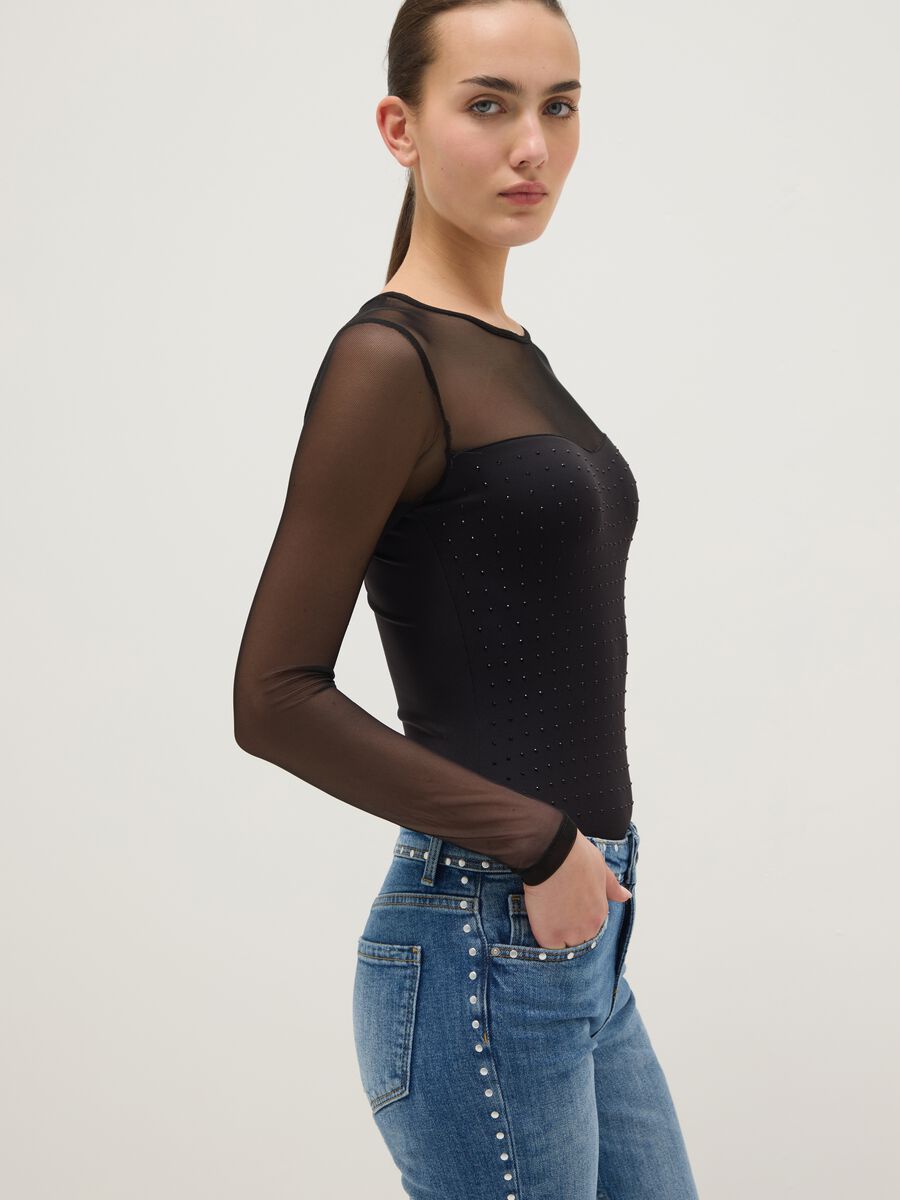 Black slim fit bodysuit with sheer accents_3