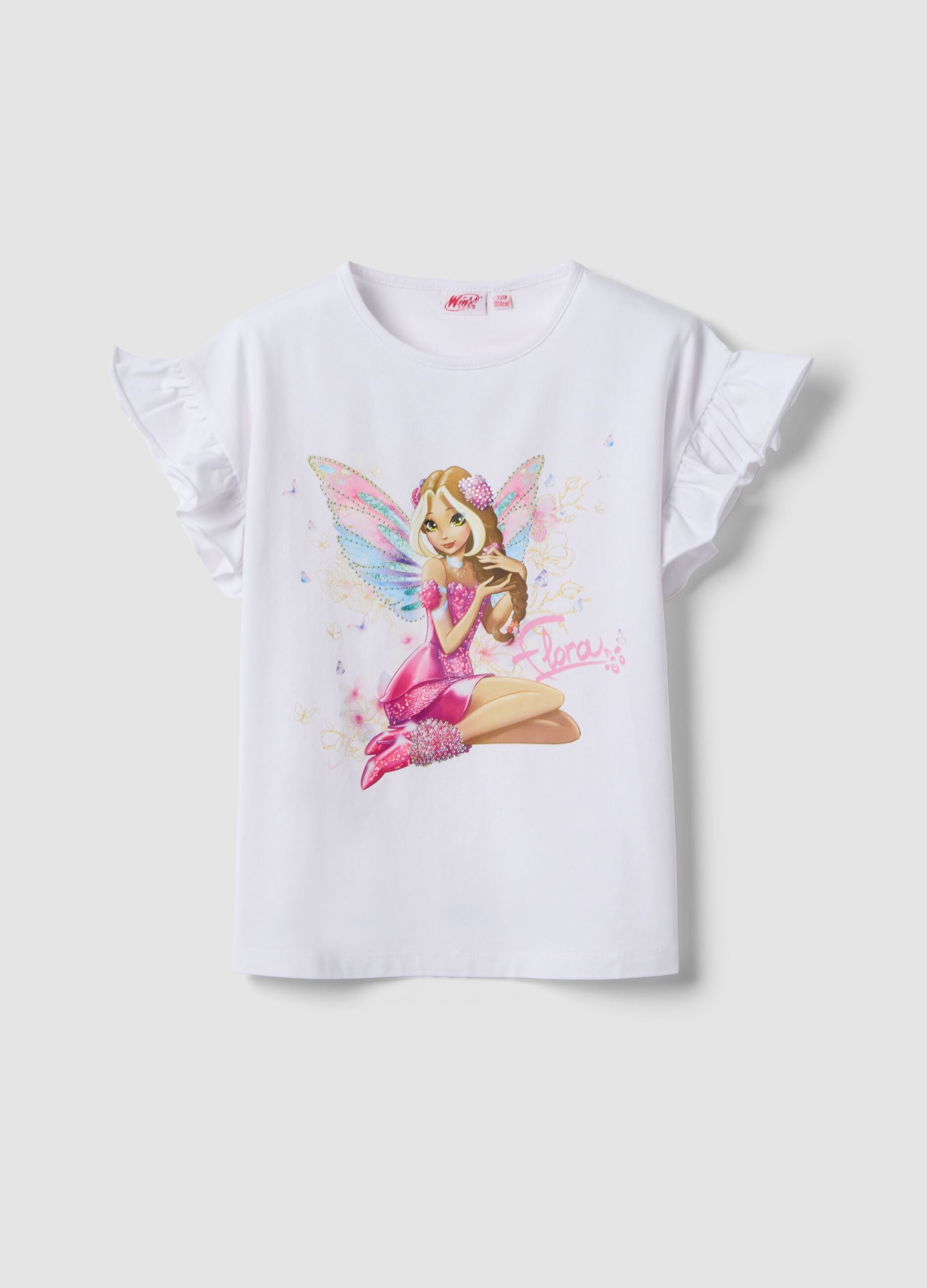T-shirt bianca in cotone elasticizzato con maniche volant per bambina regular fit