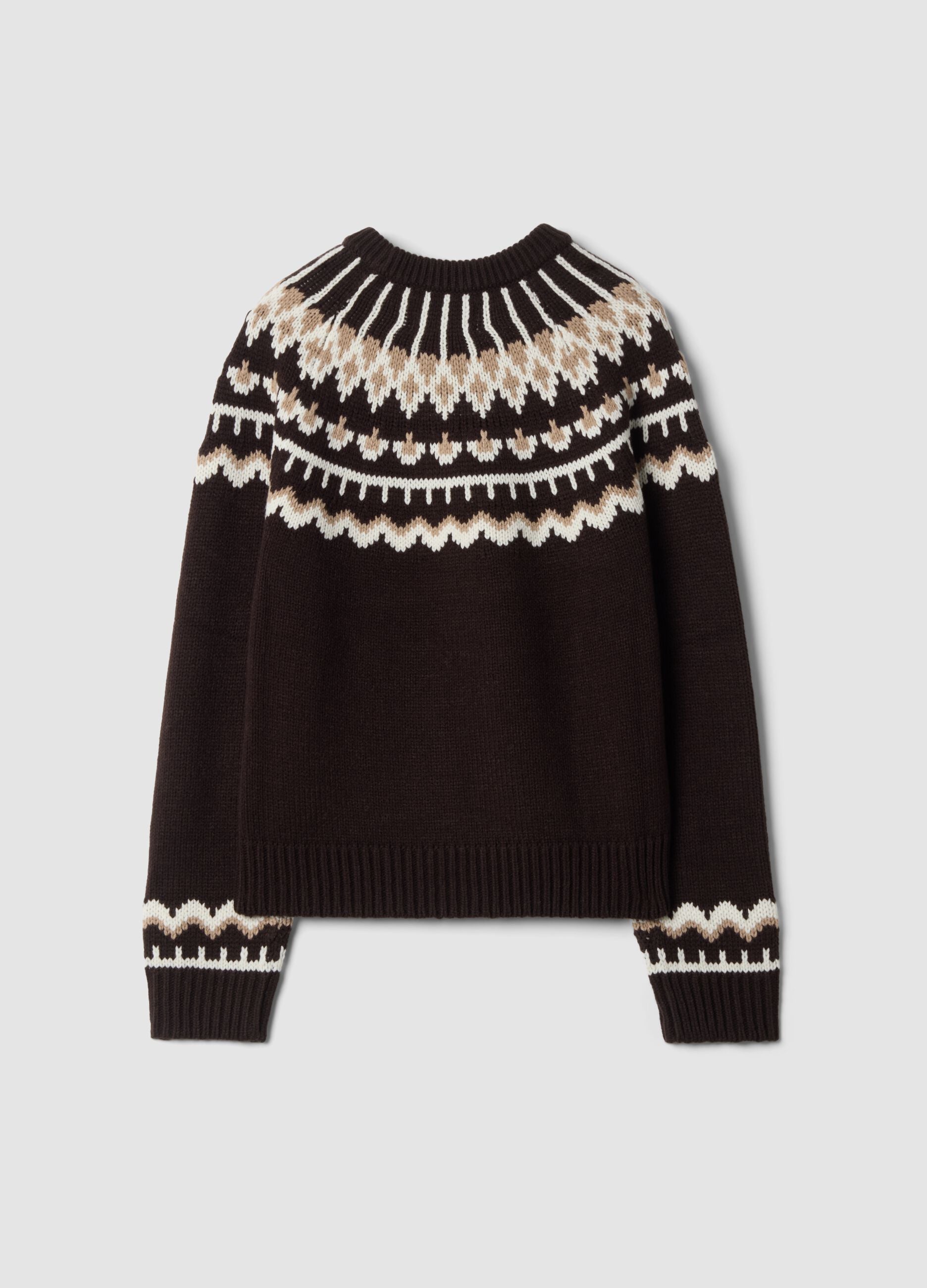 Brown jacquard wool-blend crew-neck jumper, regular fit