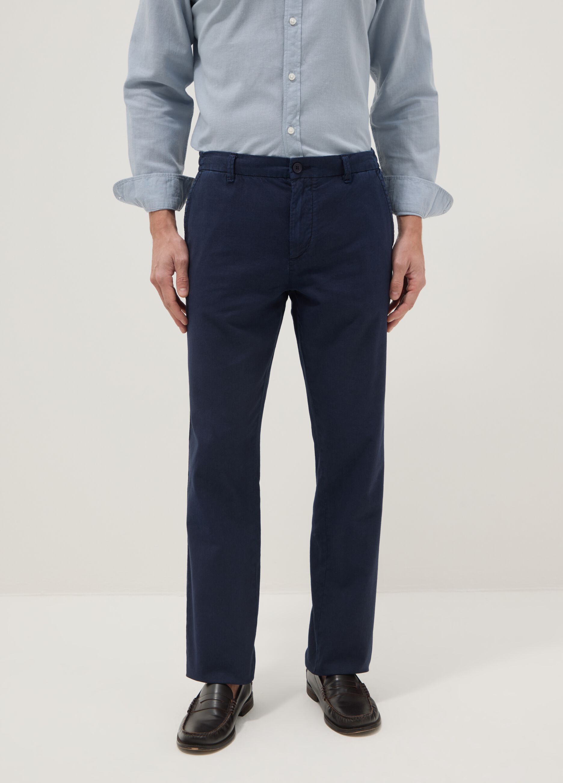 Blue linen and cotton blend chino trousers, regular fit